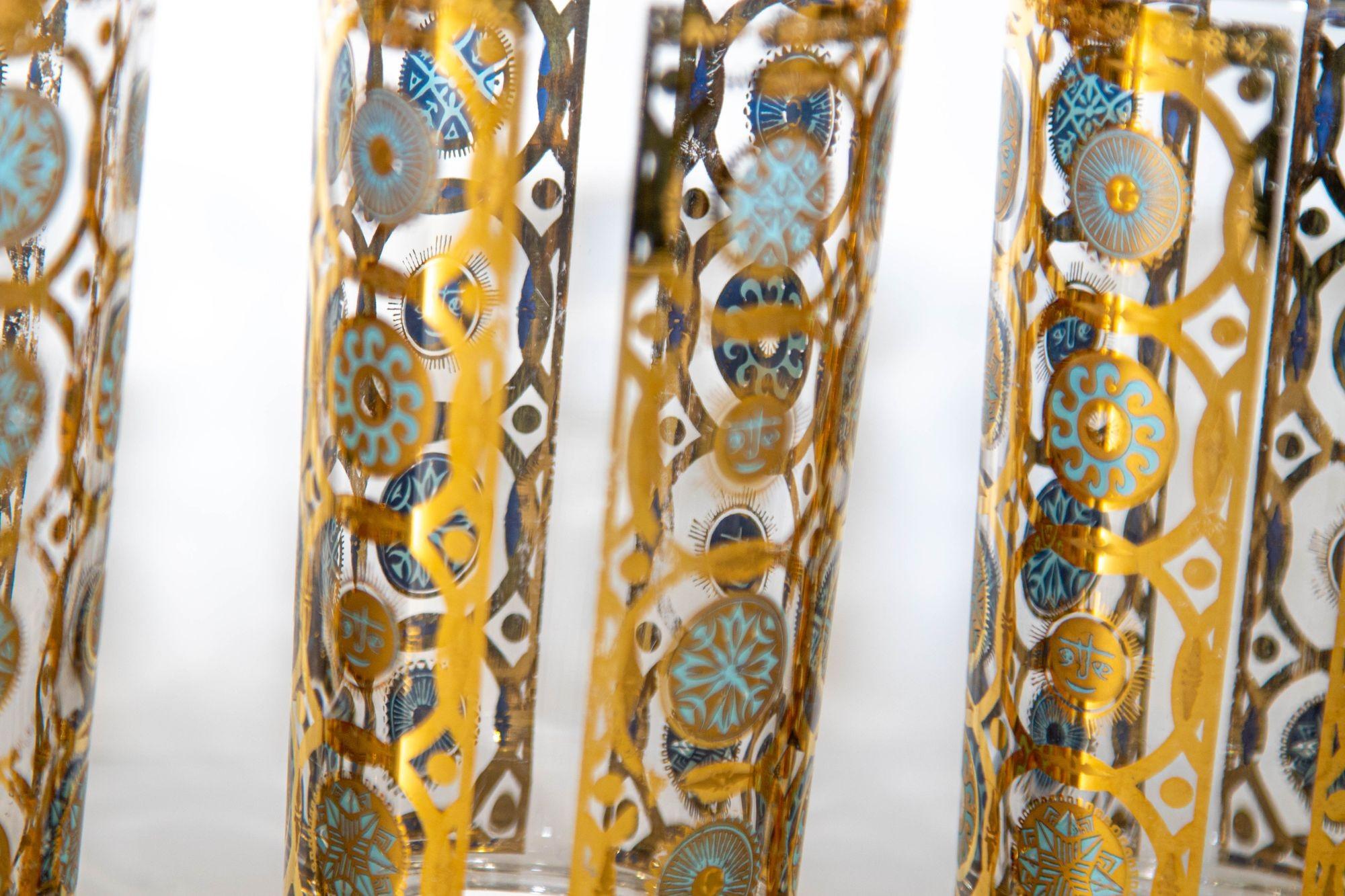 Culver Ltd 22k Gold and Turquoise Signed Glassware Barware Set of 7, circa 1960s 3