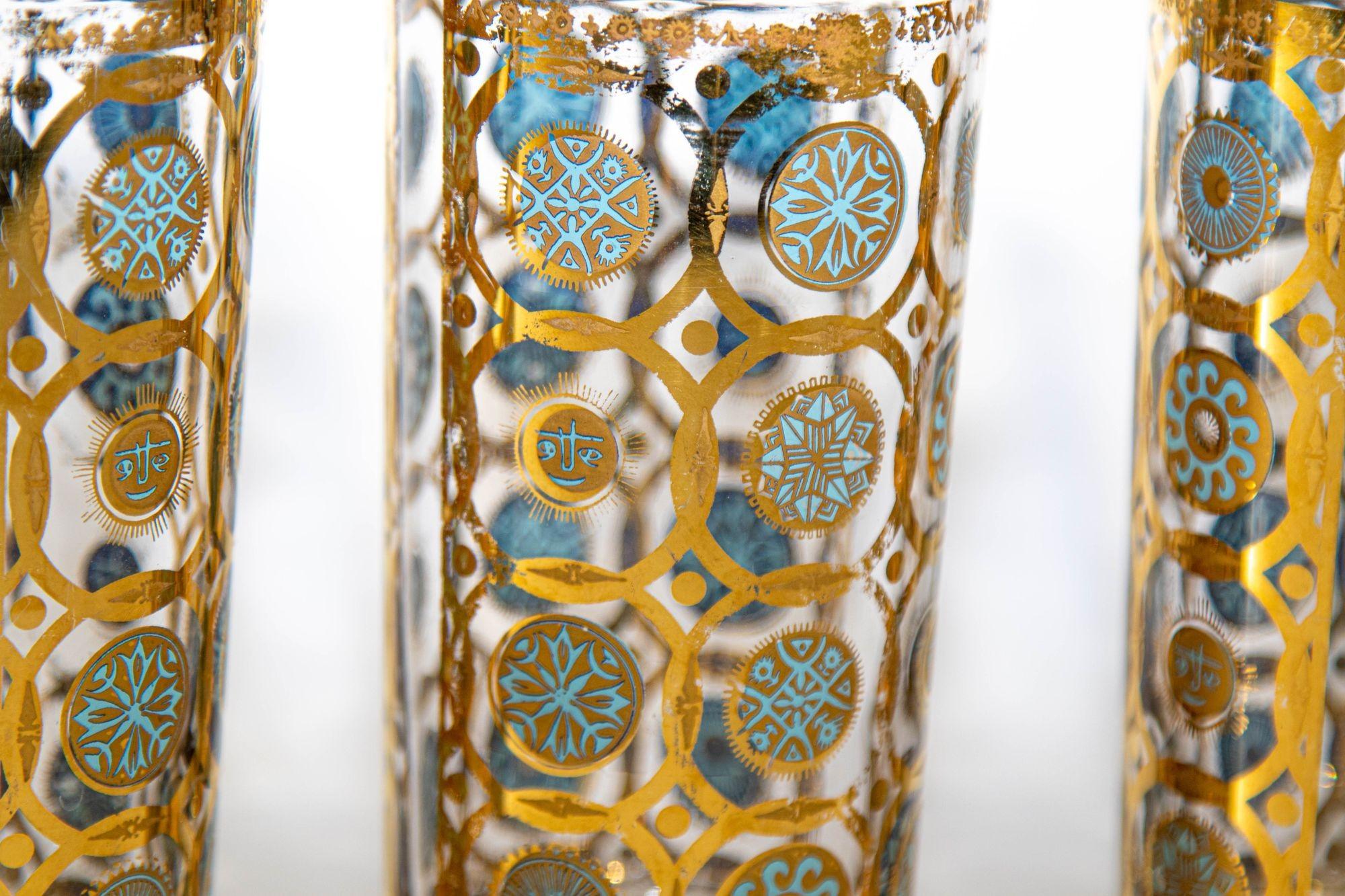 Culver Ltd 22k Gold and Turquoise Signed Glassware Barware Set of 7, circa 1960s 5