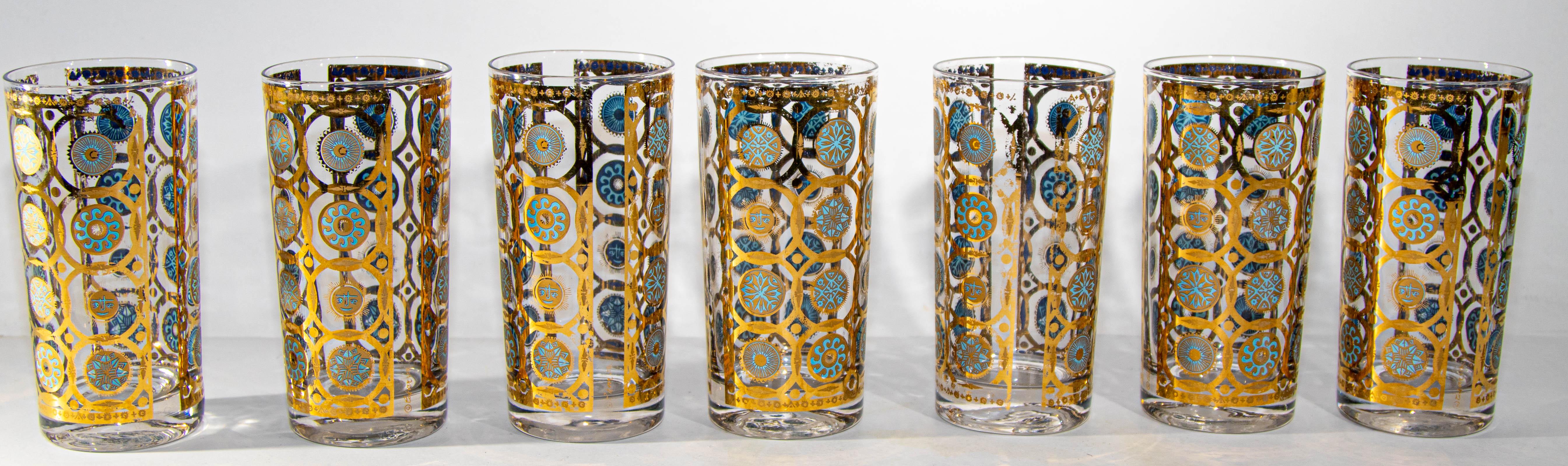 Culver Ltd 22k gold and turquoise signed 1960s glassware barware set of 7.
1960s midcentury culver Ltd glassware barware set highball drinking glasses in 