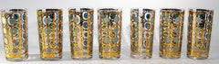 Culver Ltd 22k Gold and Turquoise Signed Glassware Barware Set of 7, circa 1960s