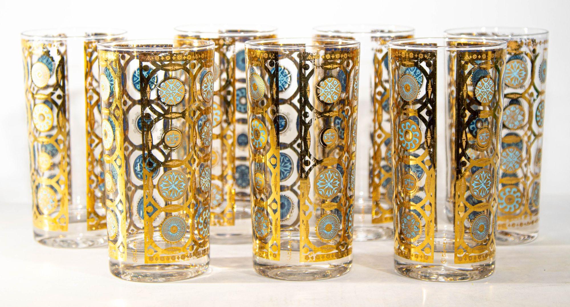 Culver Ltd 22k Gold and Turquoise Signed Glassware Barware Set of 7, circa 1960s 9