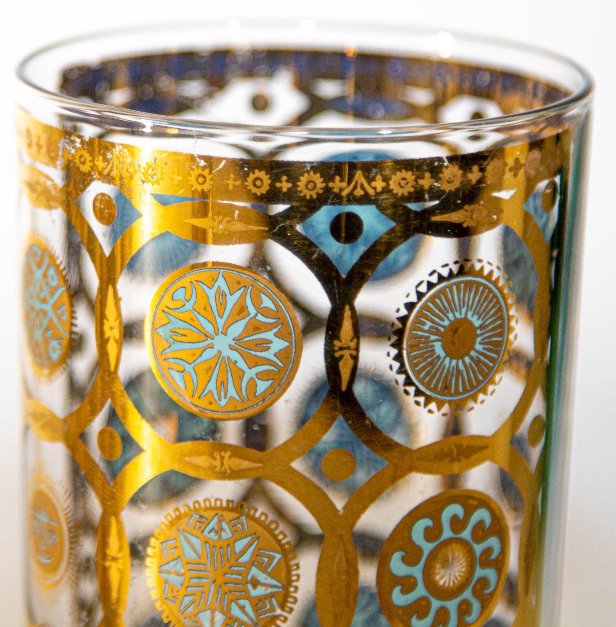 Mid-Century Modern Culver Ltd 22k Gold and Turquoise Signed Glassware Barware Set of 7, circa 1960s