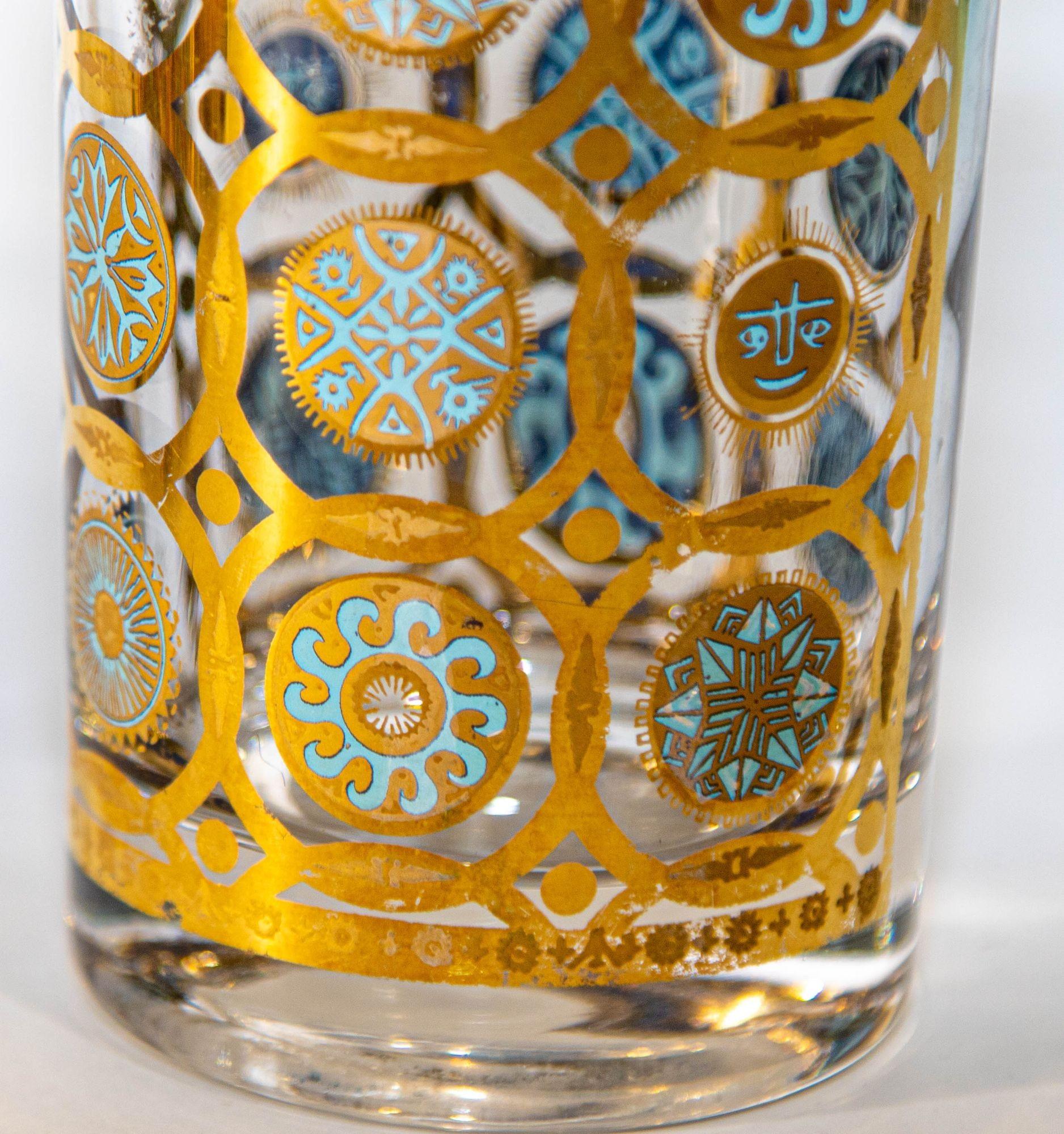 American Culver Ltd 22k Gold and Turquoise Signed Glassware Barware Set of 7, circa 1960s