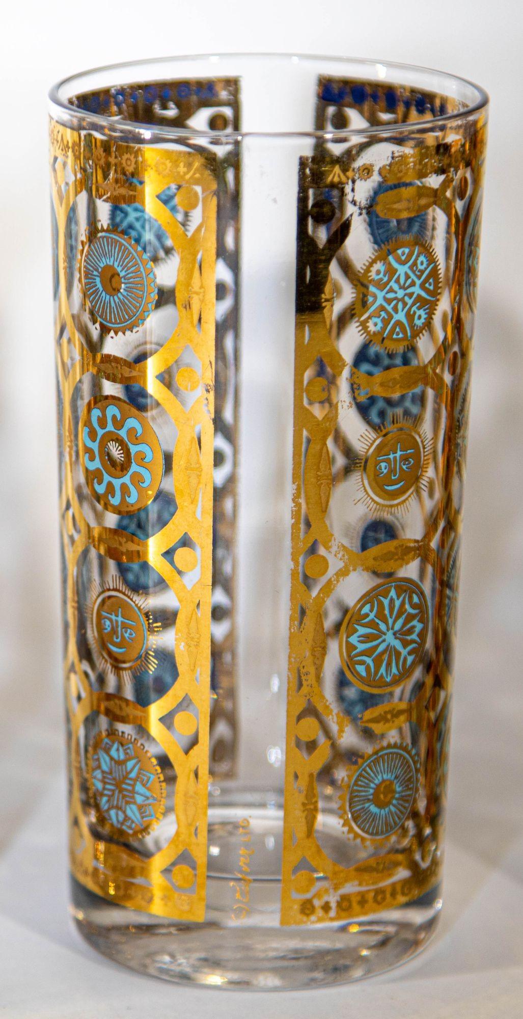 Culver Ltd 22k Gold and Turquoise Signed Glassware Barware Set of 7, circa 1960s In Good Condition In North Hollywood, CA