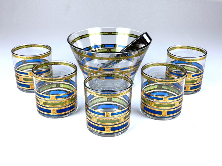 Culver Ltd. Blue Empress 22k Gold Glasses and Ice Bowl, 1960s For Sale at  1stDibs