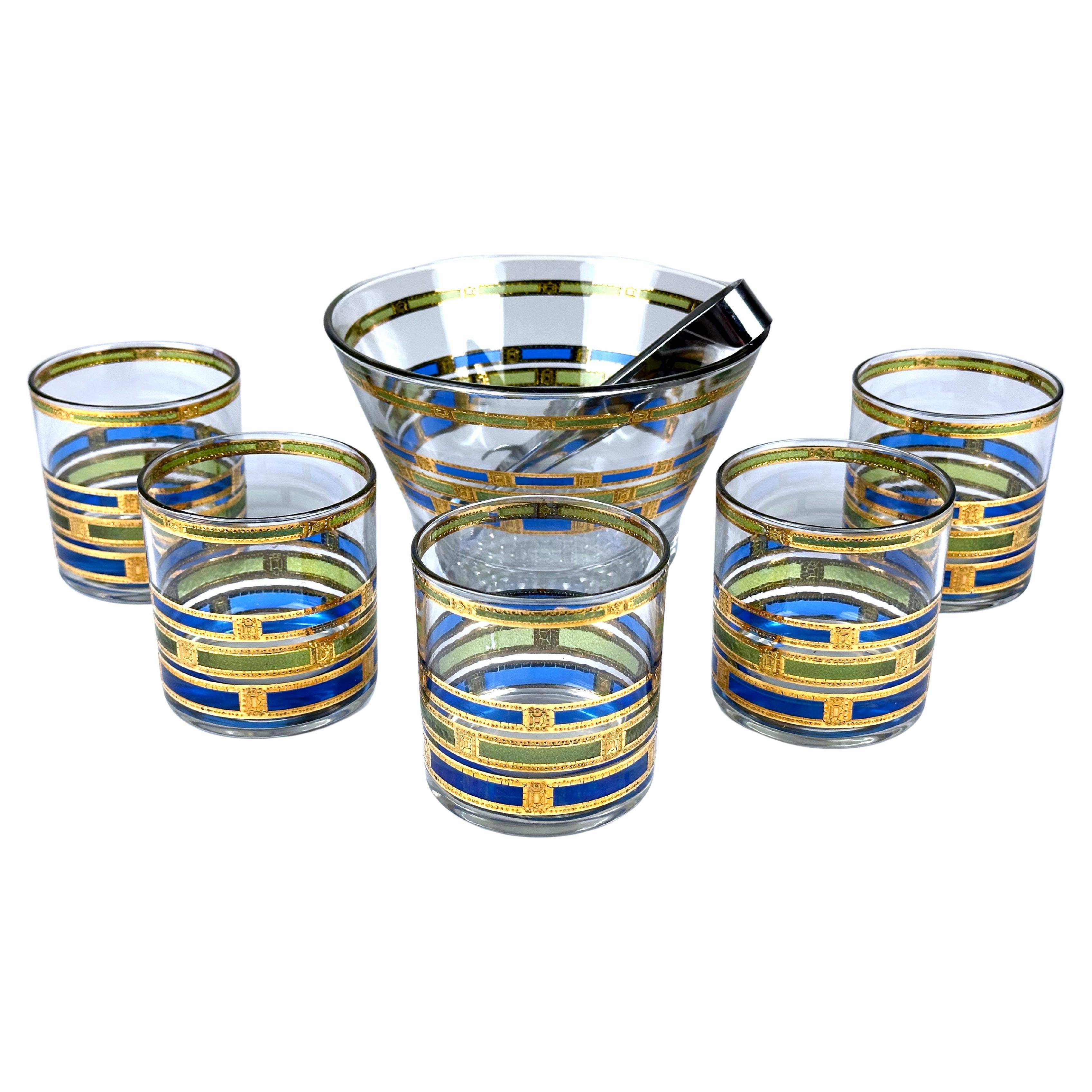 Culver Ltd. Bicchieri e ciotola per il ghiaccio in oro 22k Blue Empress, anni '60