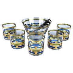 Culver Ltd. Verres et bol à glace imprimé bleu en or 22 carats, années 1960