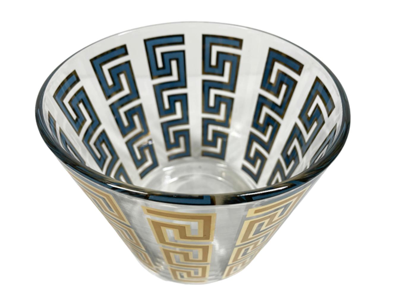 Culver, LTD. double ice bowl / bucket with tapered sides having vertical Greek Key bands of 22k gold over blue enamel. The gold with satin finish within gloss on the exterior with the blue visible only on the interior with gold border.
