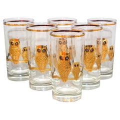 Culver Ltd Highball Barware Glasses 22K Gold Owls Hollywood Regency 1950s Signed