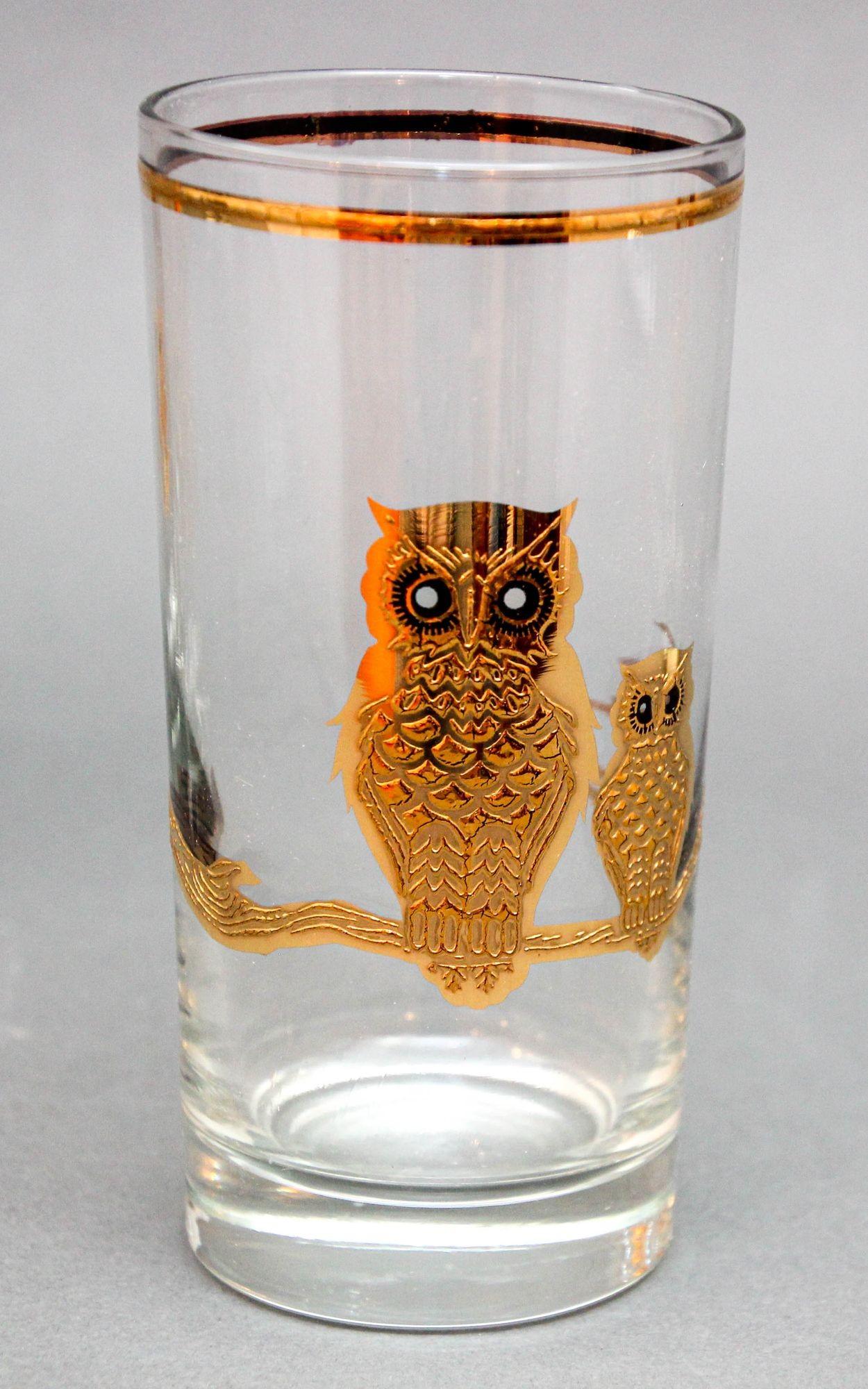 Culver Ltd. Copas de bar Highball Búhos de oro de 22 quilates Hollywood Regency Años 50 Firmado en Bueno estado para la venta en North Hollywood, CA