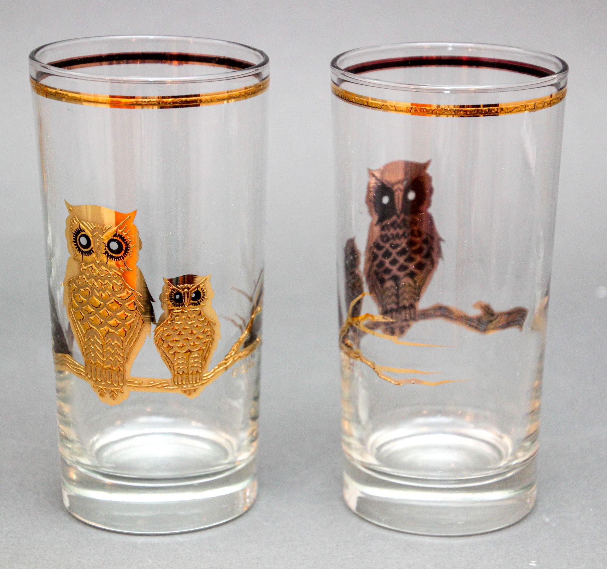 Culver Ltd. Copas de bar Highball Búhos de oro de 22 quilates Hollywood Regency Años 50 Firmado Vidrio artístico en venta