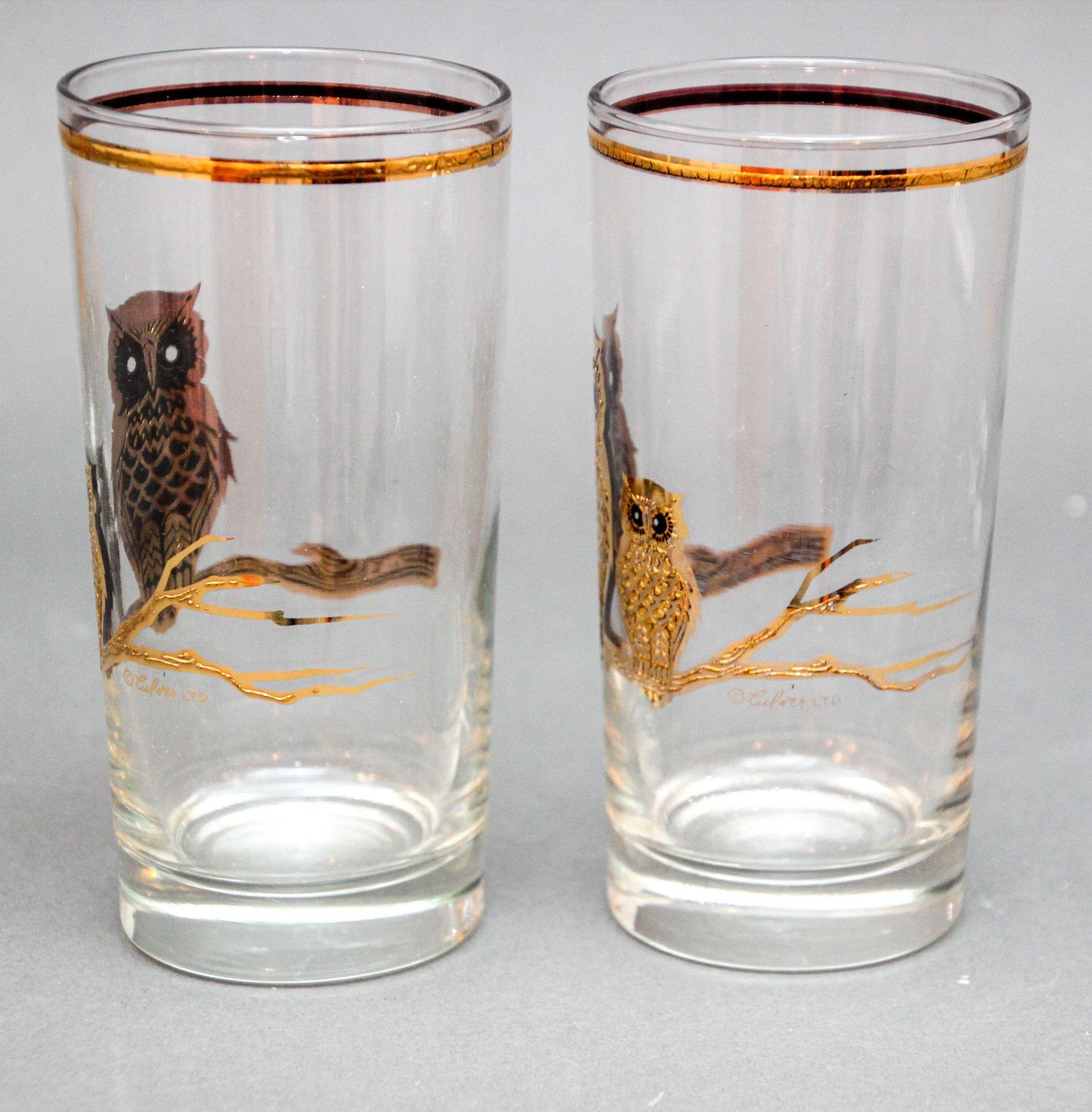 Culver Ltd. Copas de bar Highball Búhos de oro de 22 quilates Hollywood Regency Años 50 Firmado en venta 1