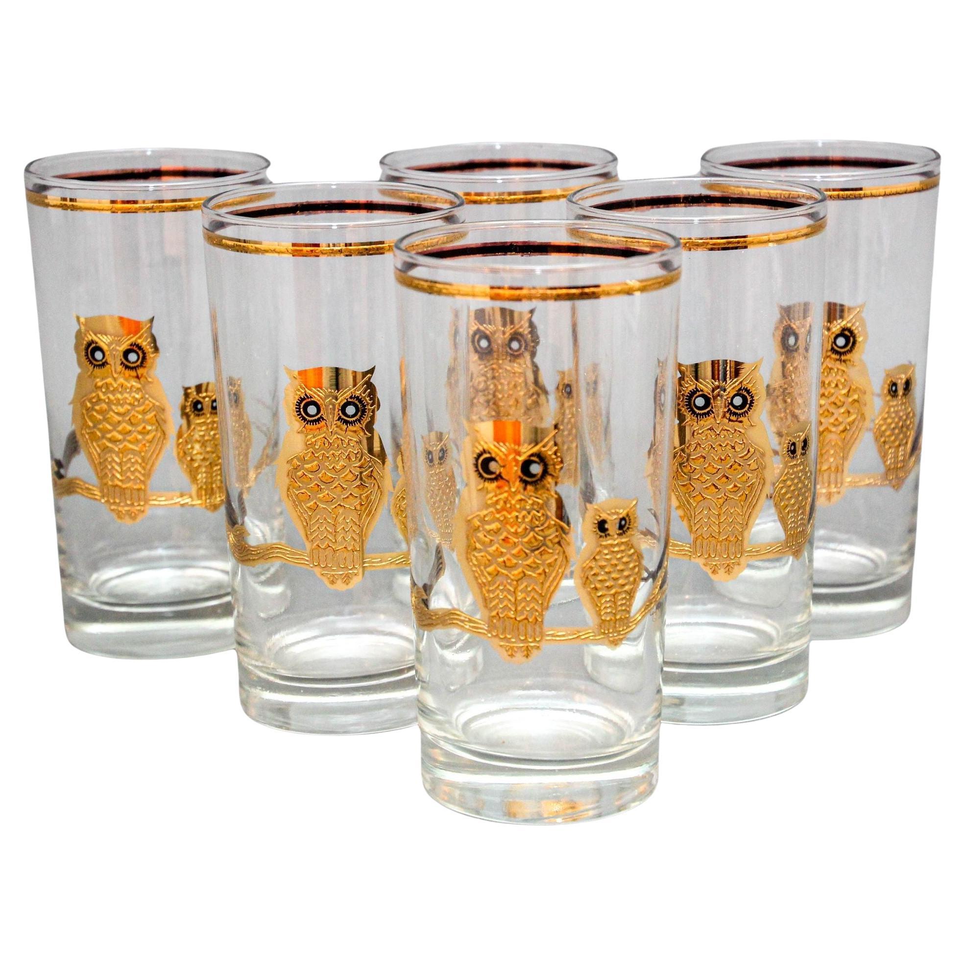 Culver Ltd Highball Barware Glasses 22K Gold Owls Hollywood Regency 1950s Signed
