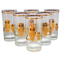 Culver Ltd Highball Barware Glasses 22K Gold Owls Hollywood Regency 1950s Signed
