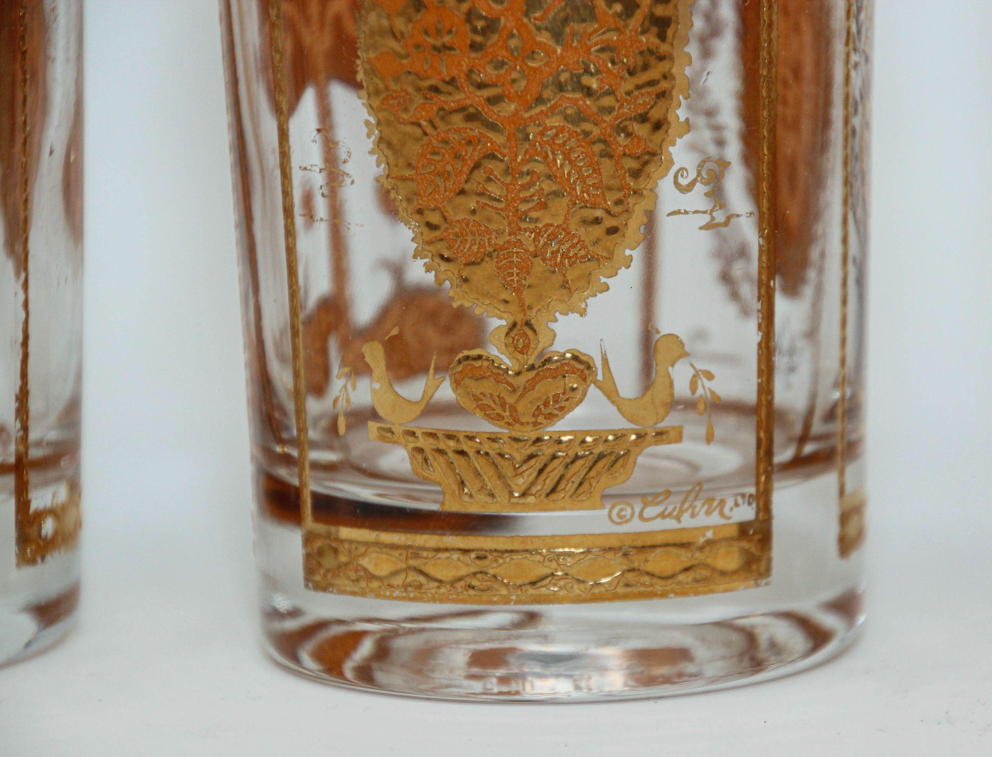 This beautiful set of four collins glasses designed by Culver ltd are embellished with gold Hindi pattern, extremely rare to find, the design on clear glasses with a 22 k gold textured overlay.
Hollywood Regency Gold Baroque Moorish Moroccan