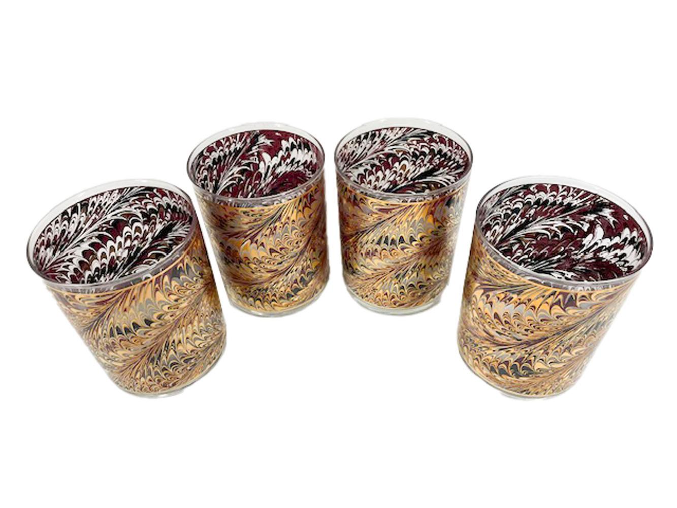 Mid-Century Modern Culver, LTD Marbleized Rocks Glasses in 22k Gold, Enameled and Frosted Surface For Sale