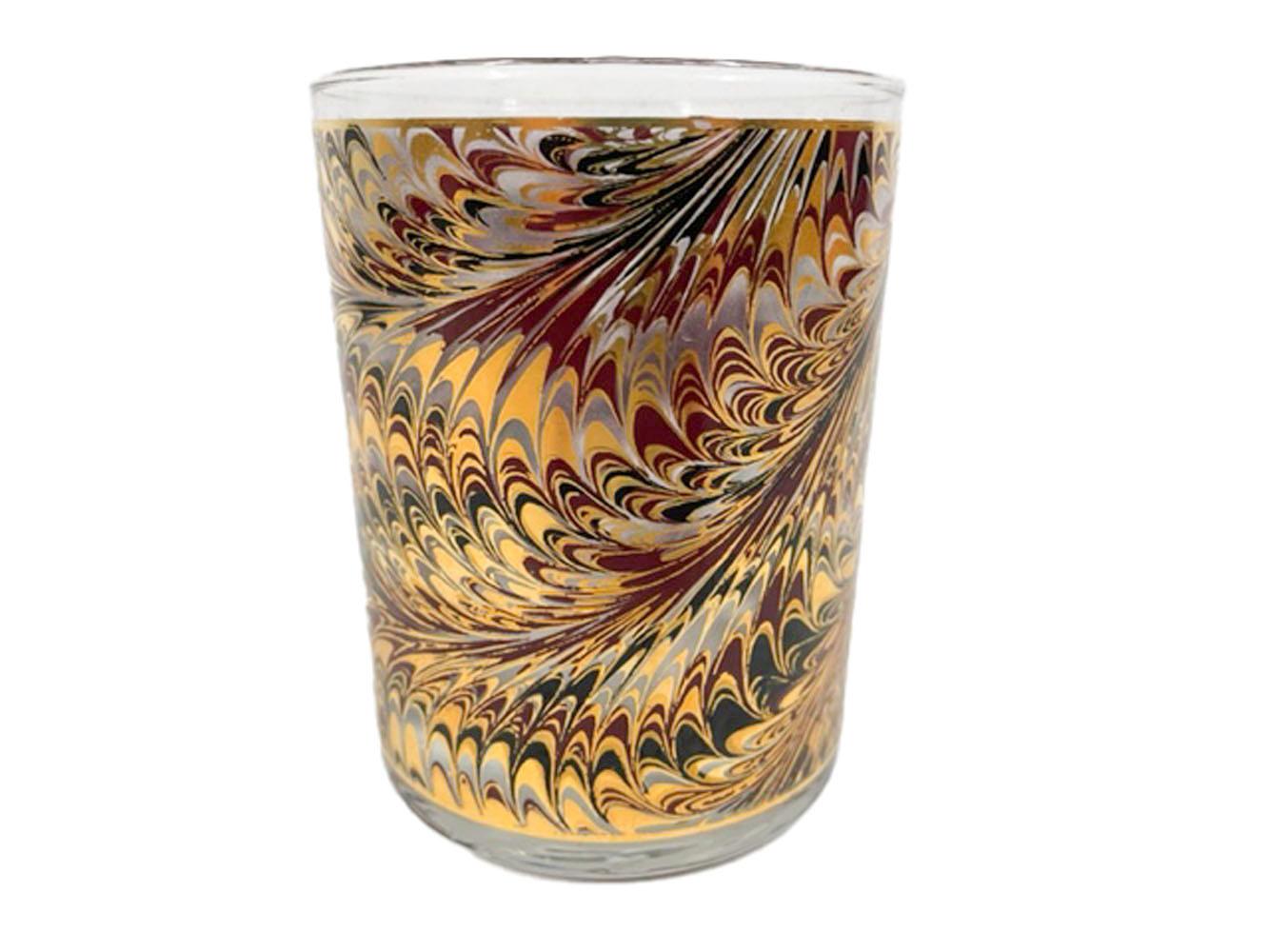 20th Century Culver, LTD Marbleized Rocks Glasses in 22k Gold, Enameled and Frosted Surface For Sale