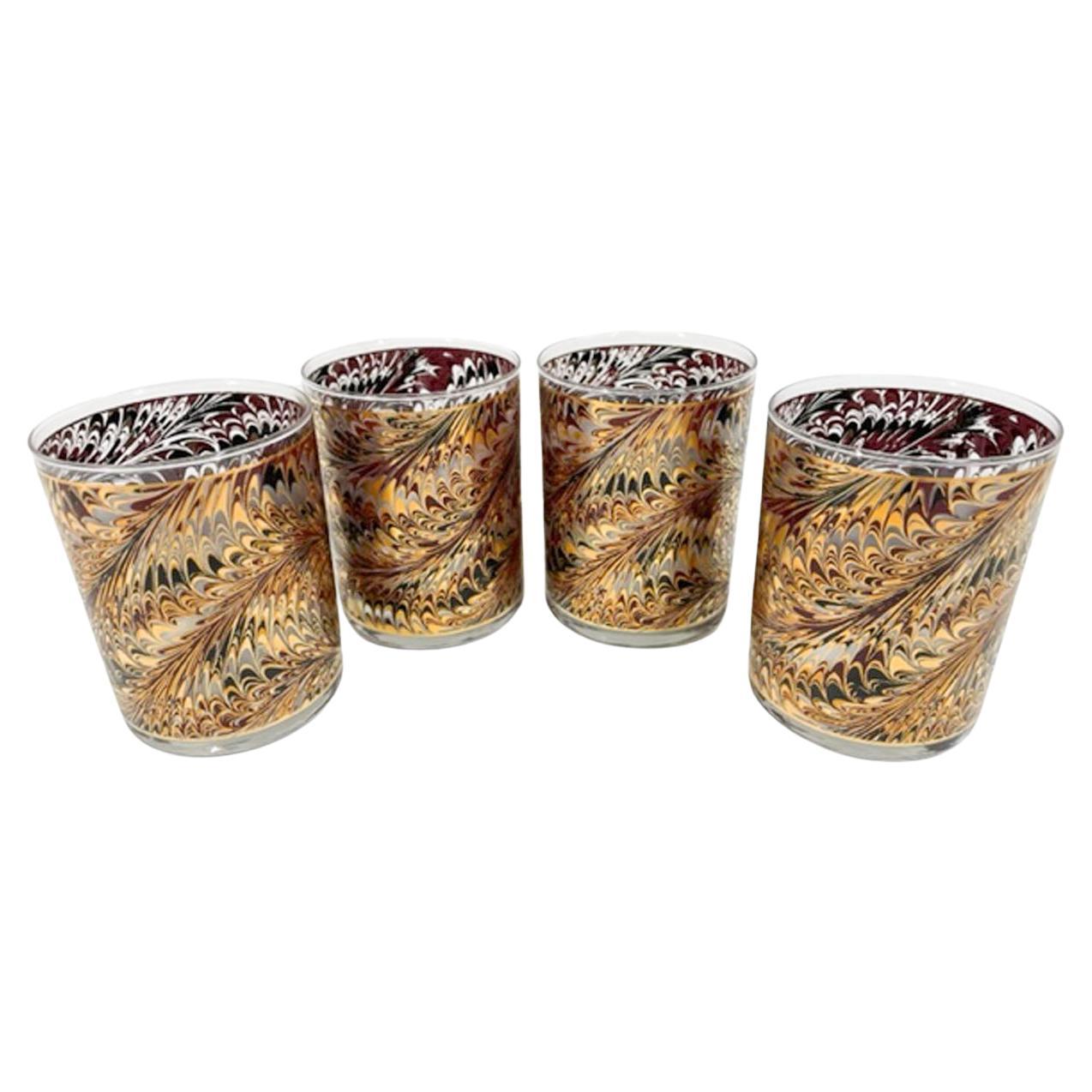 Culver, LTD Marbleized Rocks Glasses in 22k Gold, Enameled and Frosted Surface For Sale