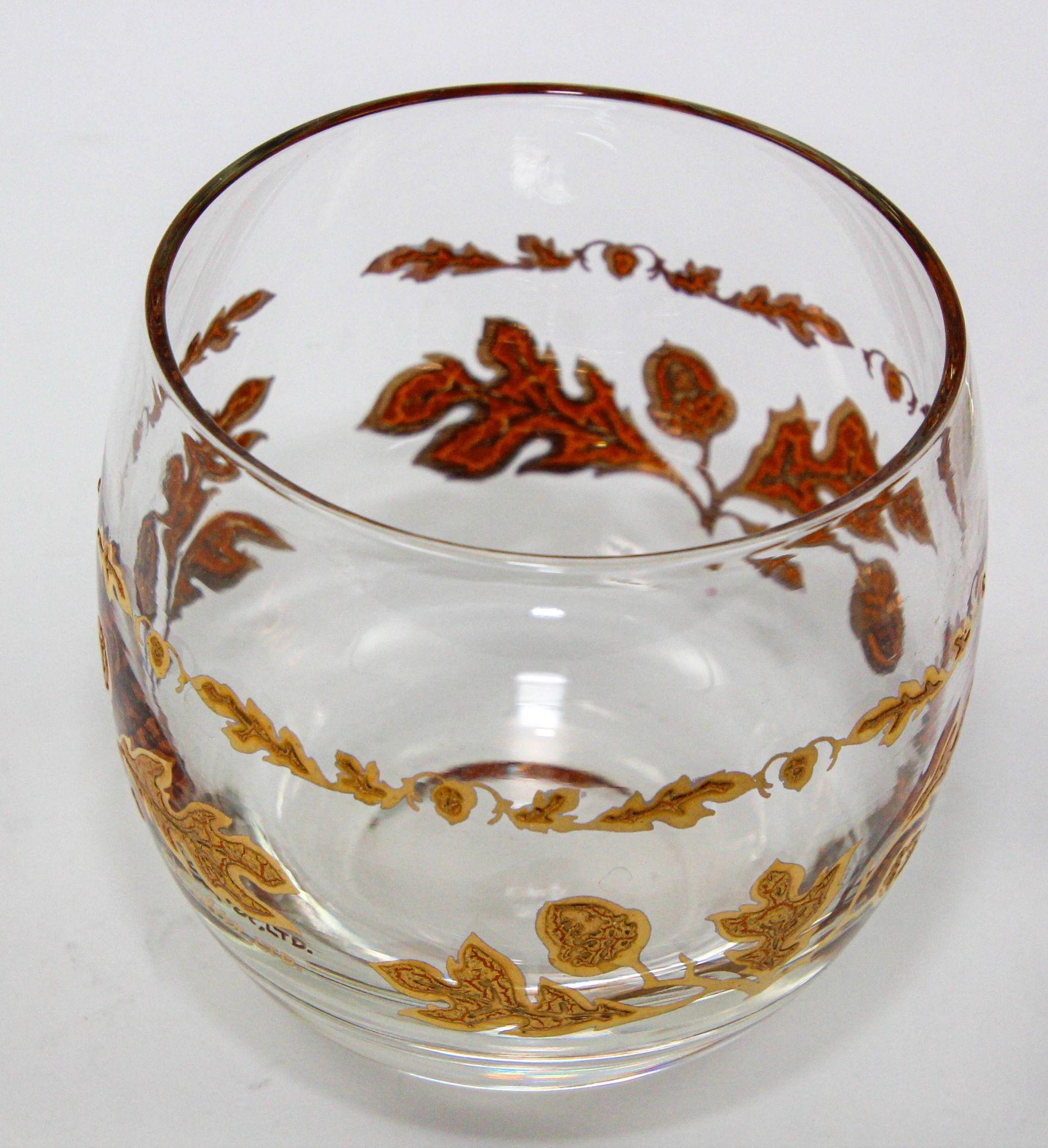 American Culver Ltd Roly Poly Rocks Glasses 22K Gold Floral Chantilly Pattern 1950s