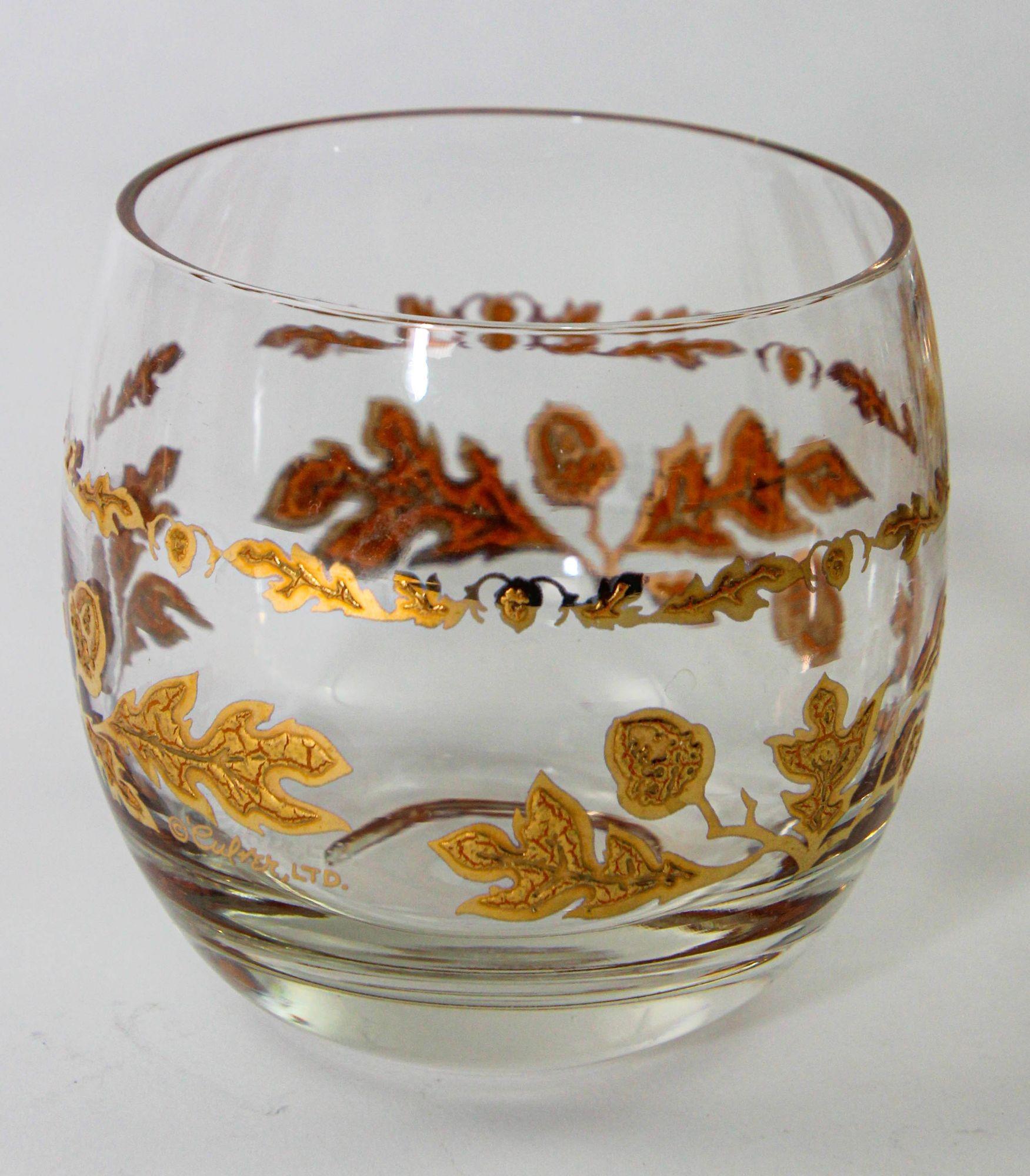 Culver Ltd Roly Poly Rocks Glasses 22K Gold Floral Chantilly Pattern 1950s In Good Condition In North Hollywood, CA