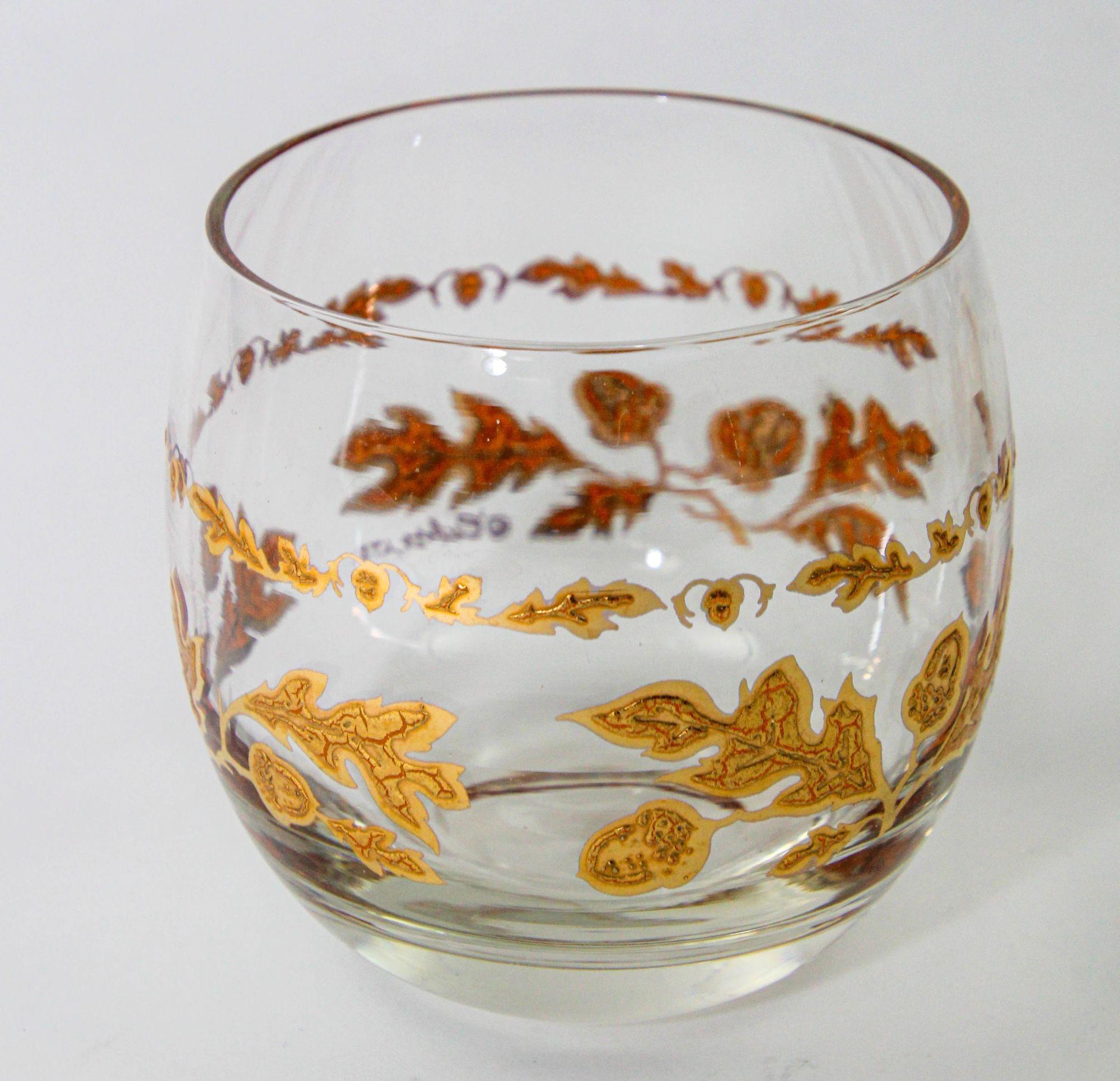 20th Century Culver Ltd Roly Poly Rocks Glasses 22K Gold Floral Chantilly Pattern 1950s