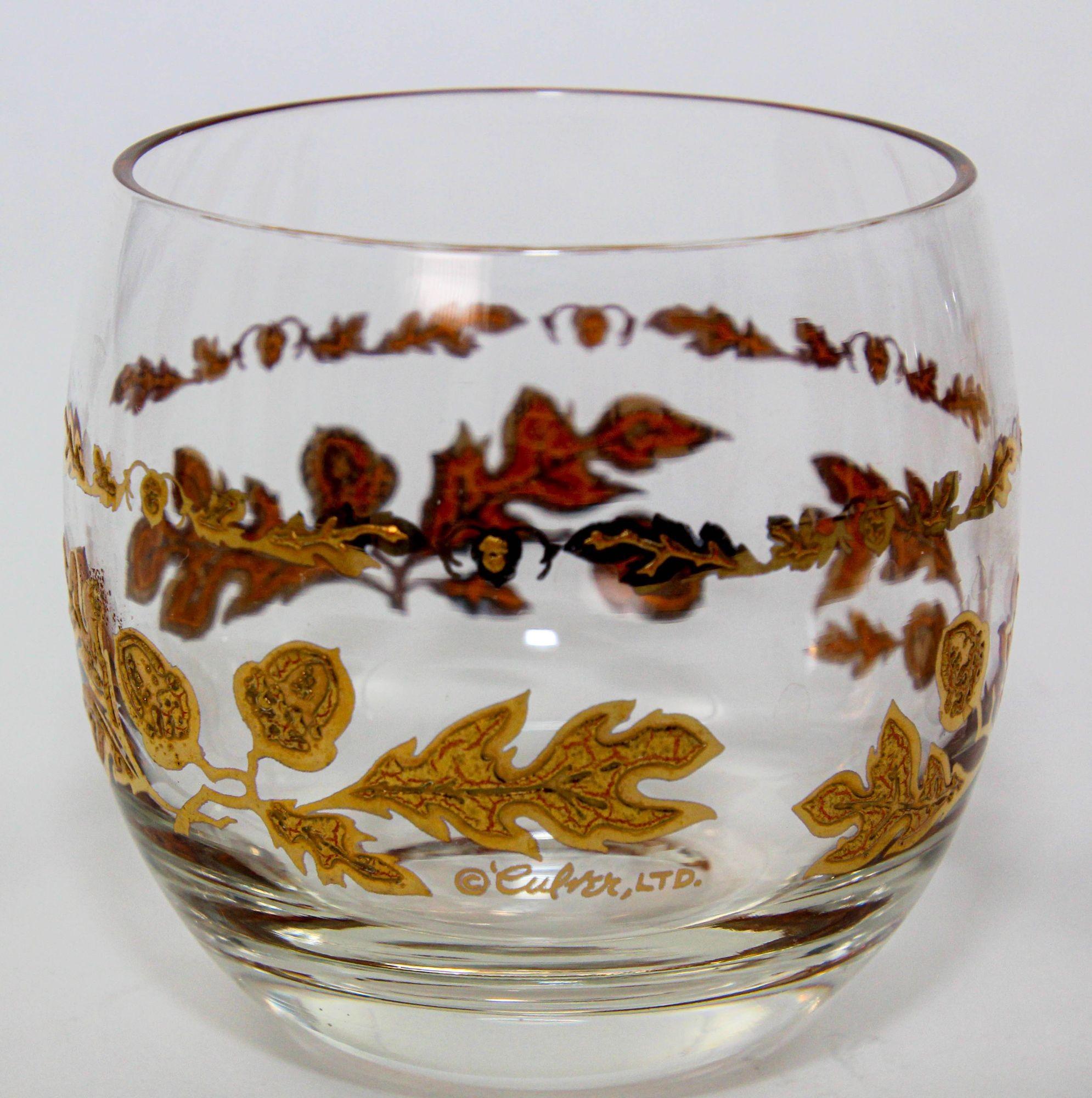 Culver Ltd Roly Poly Rocks Glasses 22K Gold Floral Chantilly Pattern 1950s 2