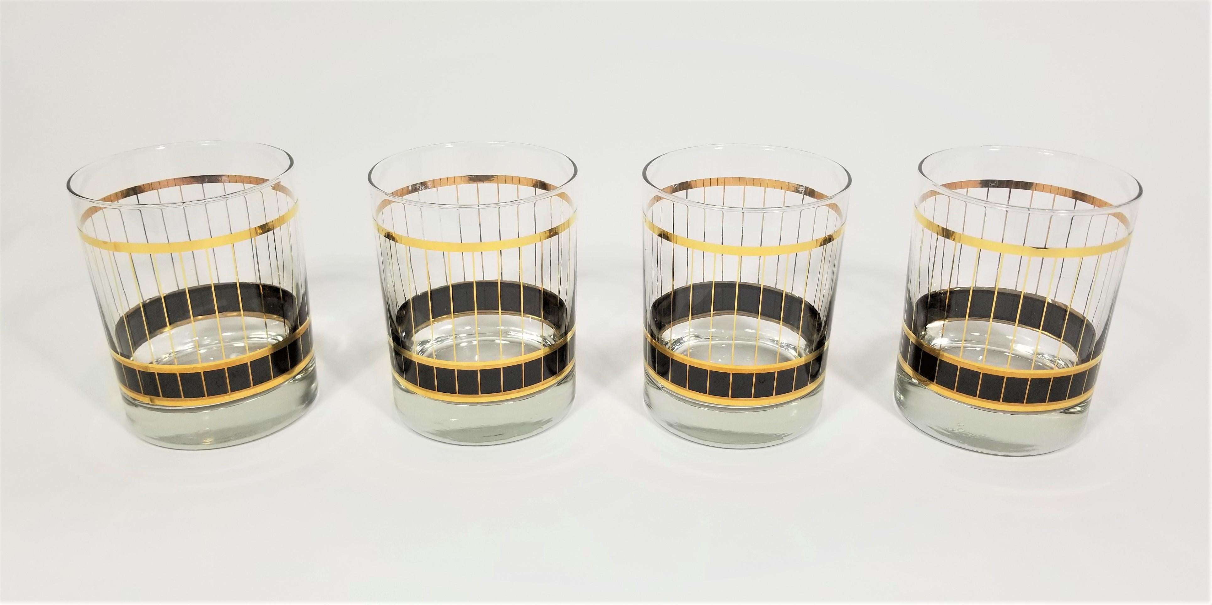 Mid Century 1970s Culver Glassware Barware Black and gold. Rocks, Double Old Fashioned Glasses. Set of 4. Excellent Condition 

