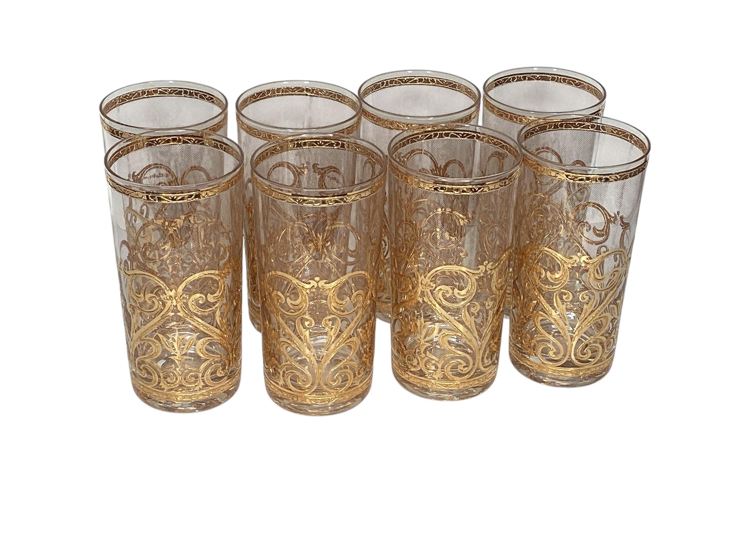Mid-Century Modern Culver Set of 8 Spanish Scroll 22k Highball Glasses For Sale