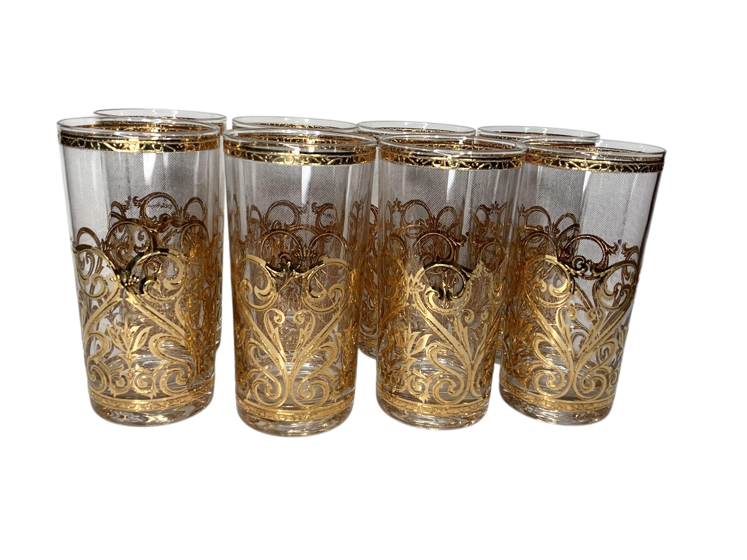American Culver Set of 8 Spanish Scroll 22k Highball Glasses For Sale