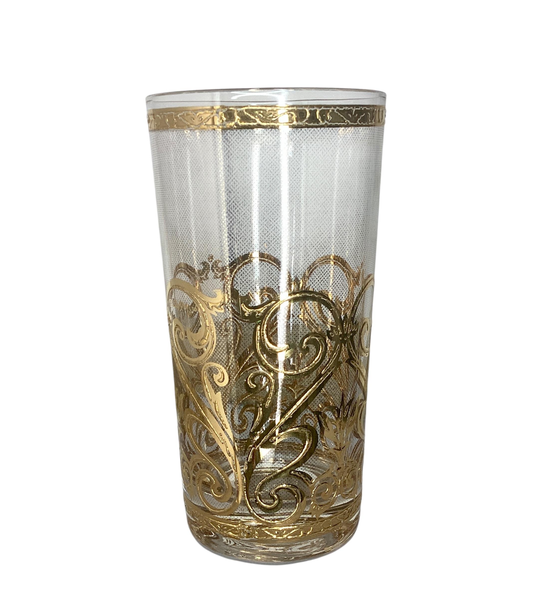 Gold Culver Set of 8 Spanish Scroll 22k Highball Glasses For Sale