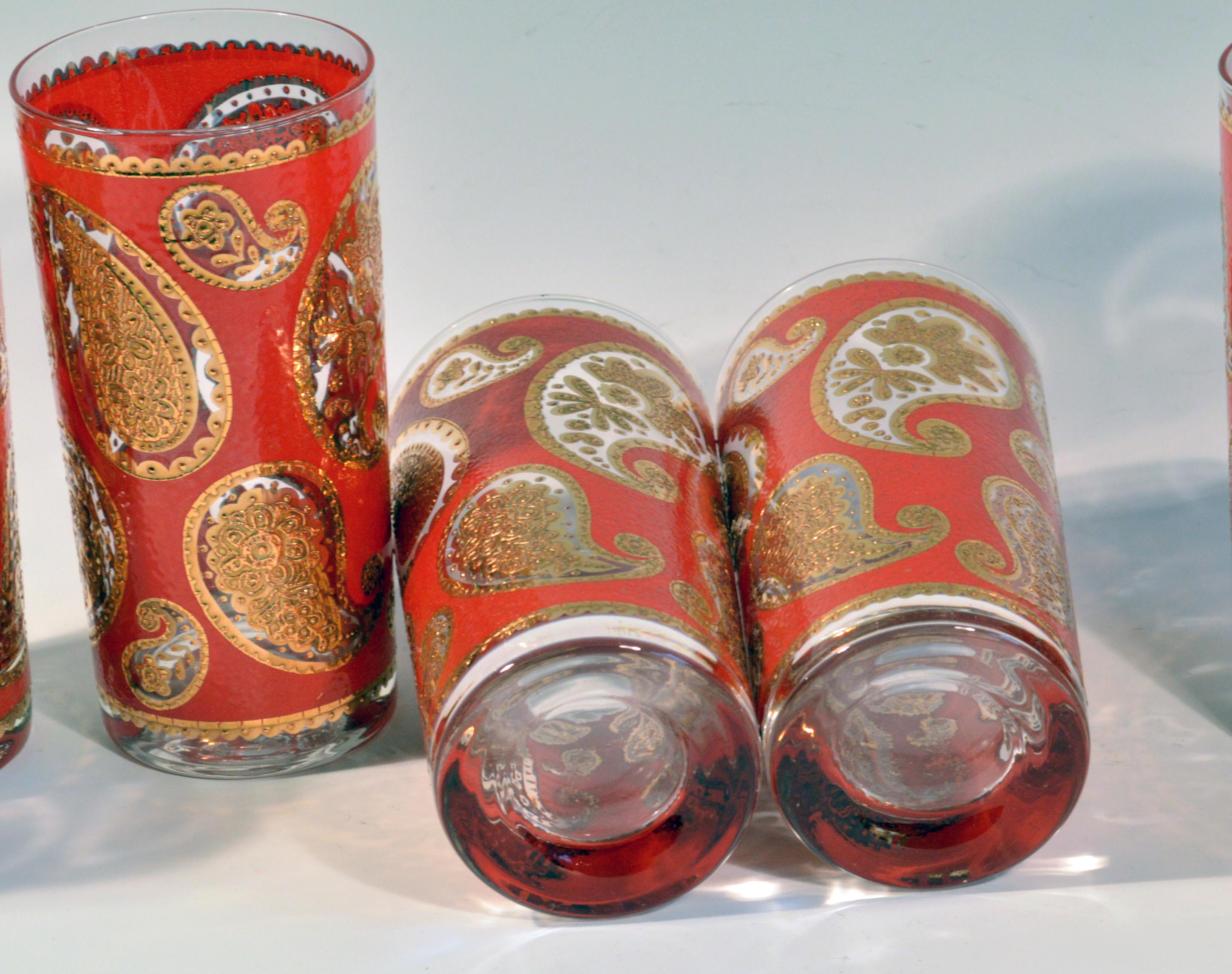 Mid-Century Modern Culver Set of Hollywood Regency Red & Gold Paisley Highball Glasses, Set of Six