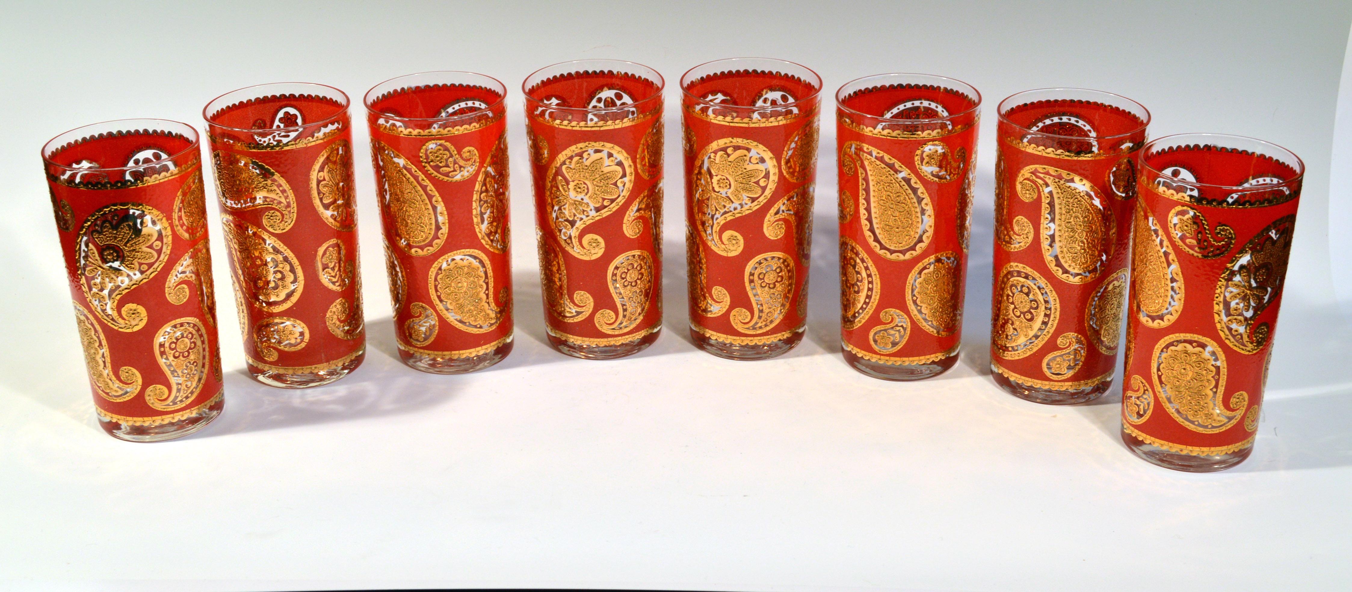 American Culver Set of Hollywood Regency Red & Gold Paisley Highball Glasses, Set of Six