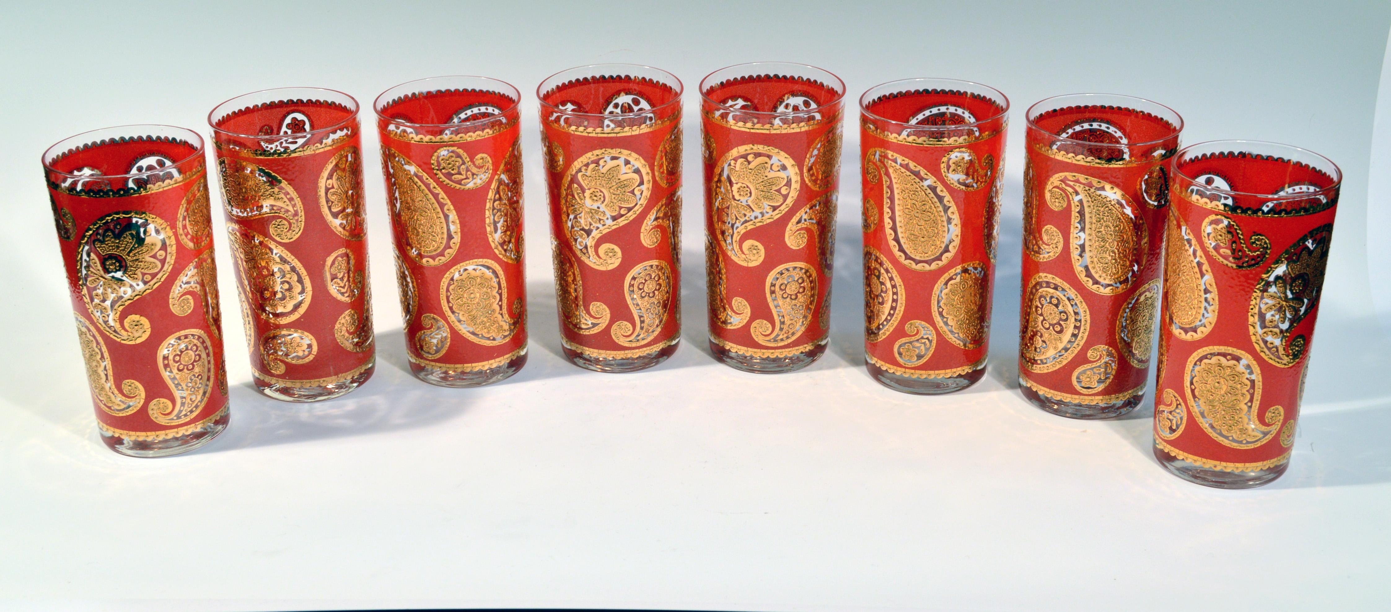 Culver Set of Hollywood Regency Red & Gold Paisley Highball Glasses, Set of Six In Excellent Condition In Downingtown, PA