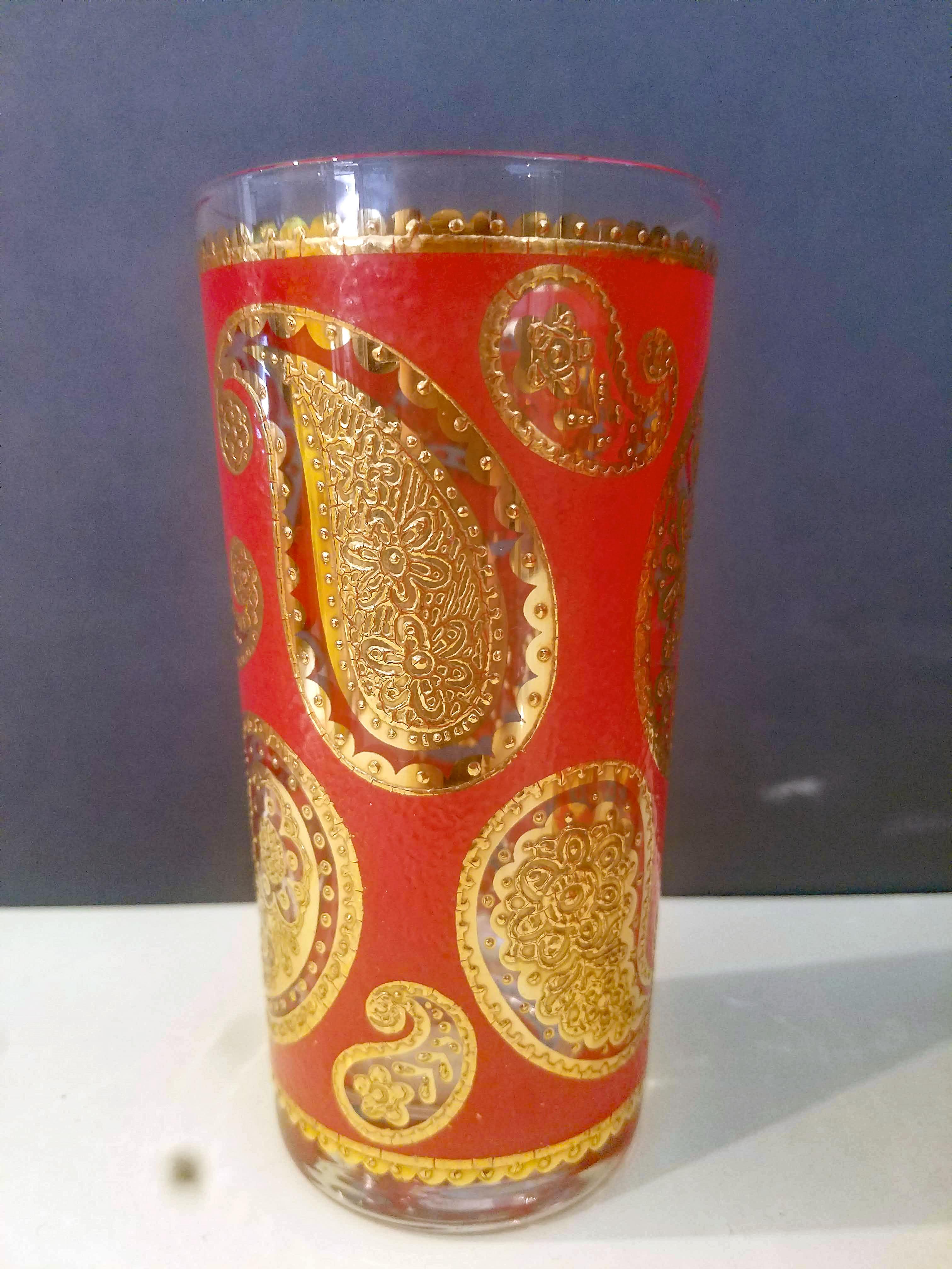 Mid-20th Century Culver Set of Hollywood Regency Red & Gold Paisley Highball Glasses, Set of Six