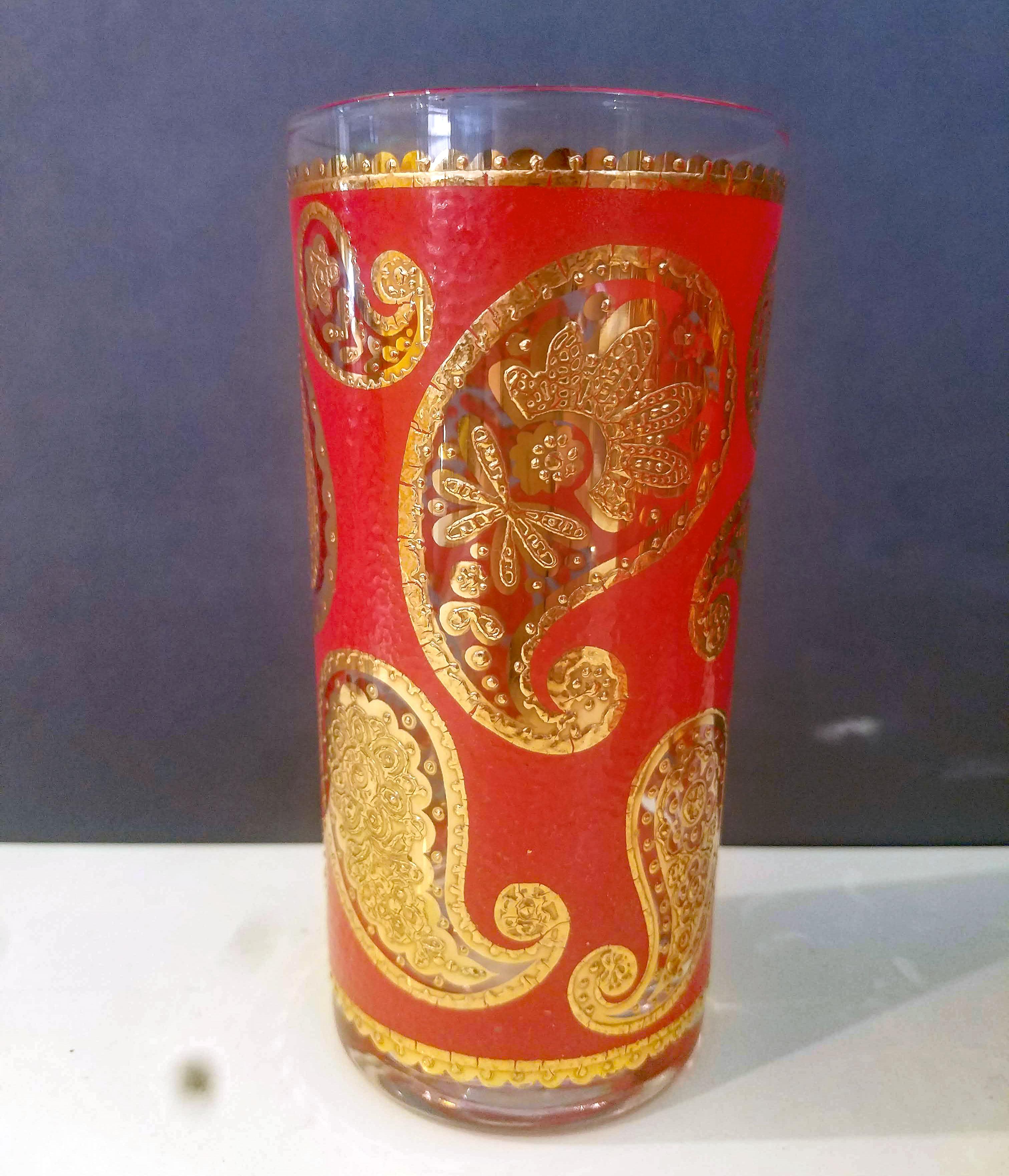 Culver Set of Hollywood Regency Red & Gold Paisley Highball Glasses, Set of Six 1