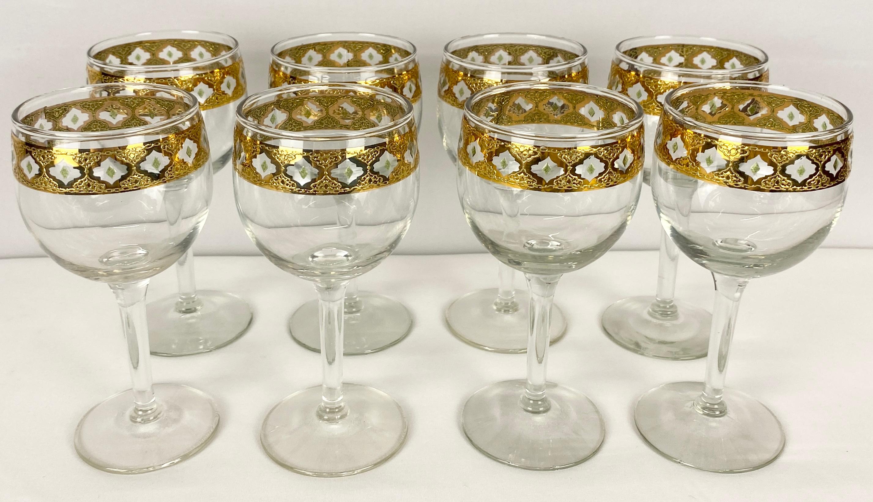 Culver Tyrol 22k gold rim banding wine glasses set of 8. This elegant set of 8 Culver wine glasses which have the Tyrol design in the wide 22k gold banding on the top, adorn the classic Culver design. 

A perfect addition to your home, these Culver
