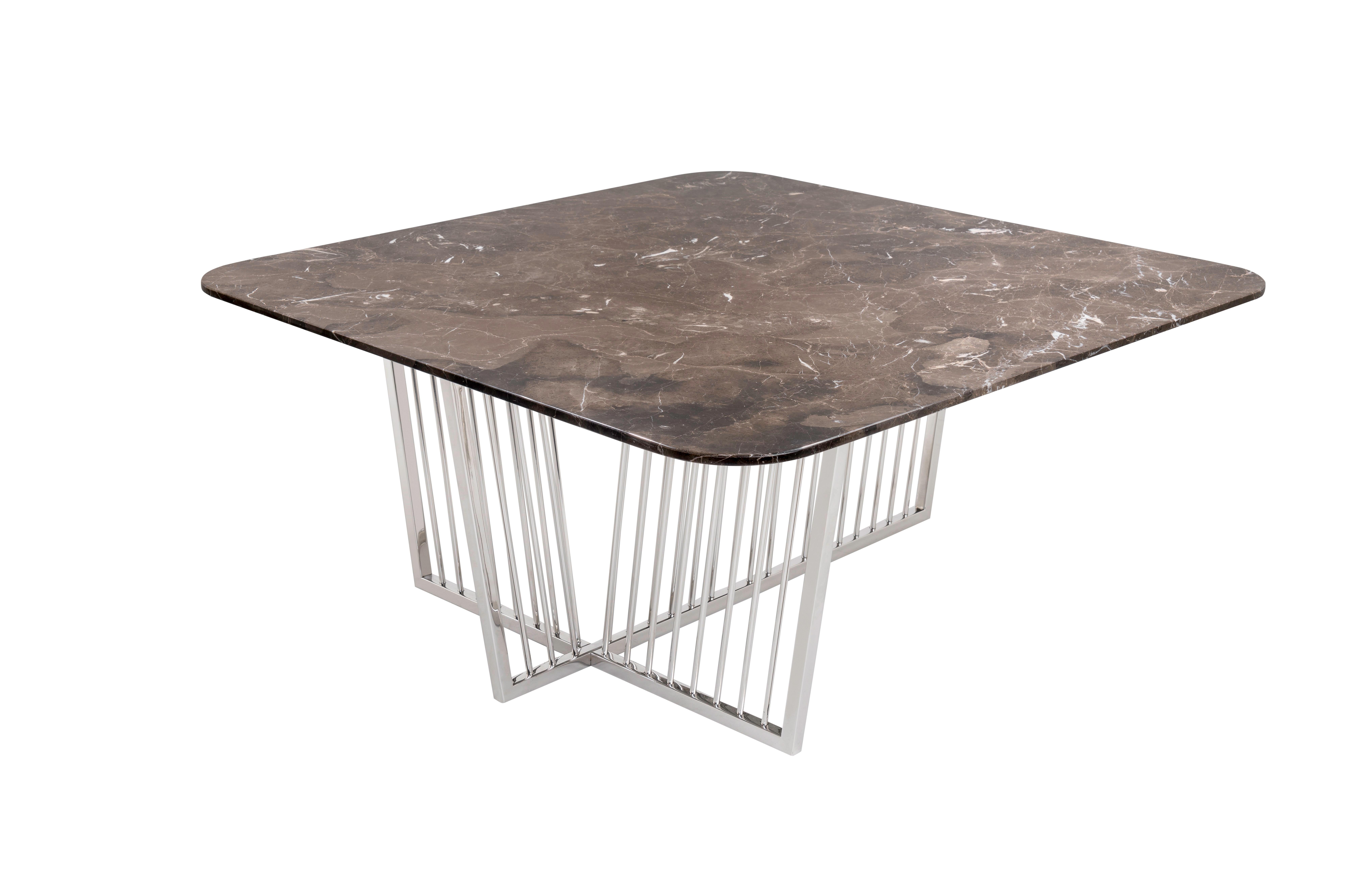Modern Cume SQ Coffee Table with Marble Top and Polished Stainless Steel Base