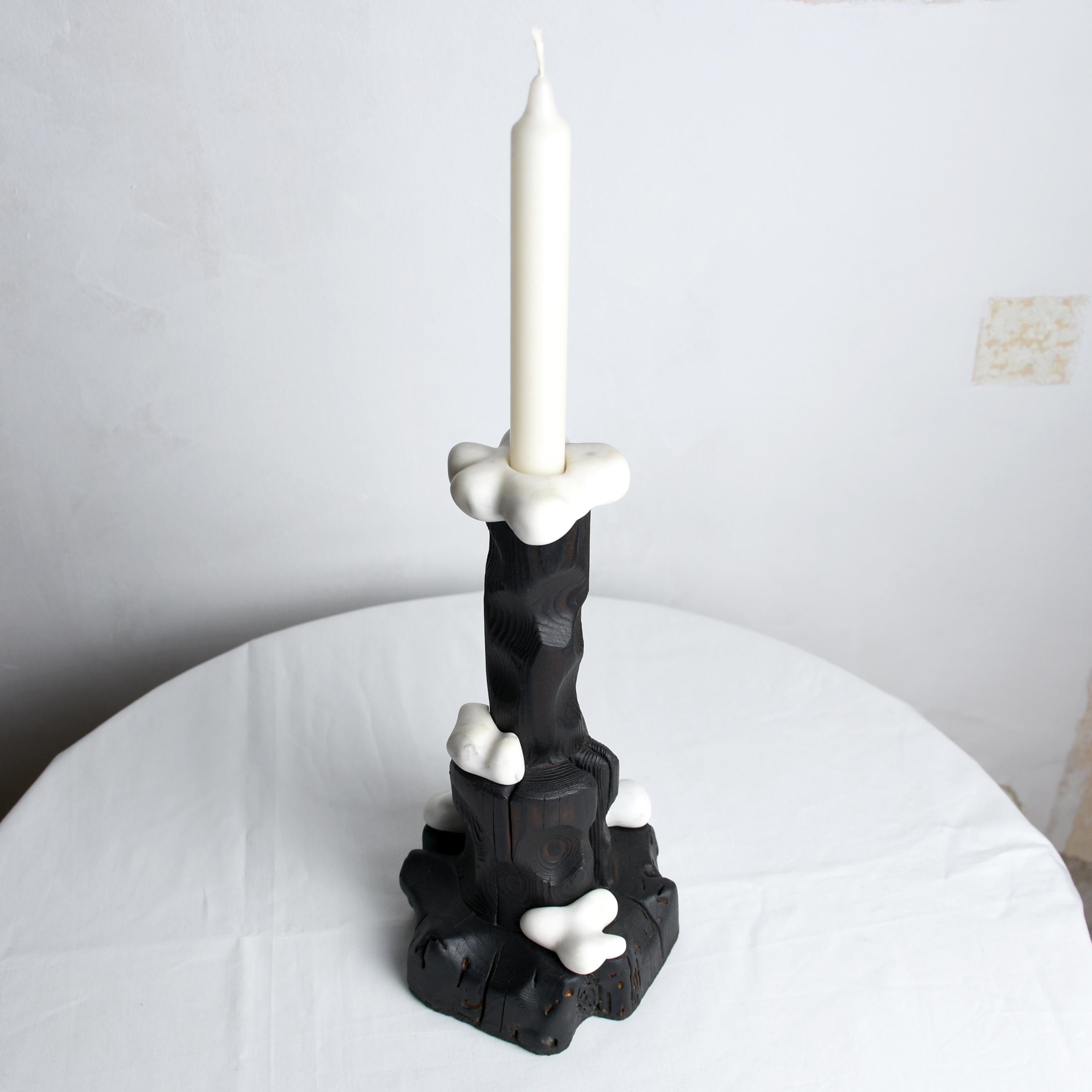 Cumulus, Sculptured Candle Holder from Reclaimed Burned Wood and White Marble For Sale 3