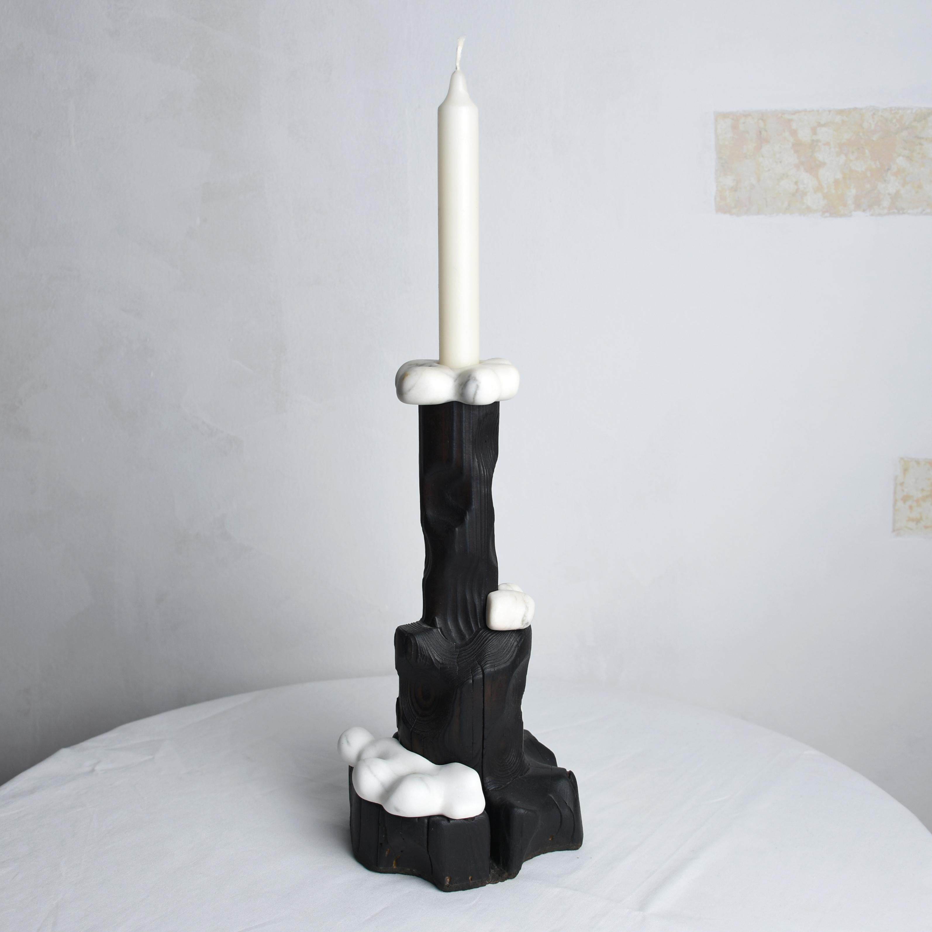 Cumulus, Sculptured Candle Holder from Reclaimed Burned Wood and White Marble For Sale 4