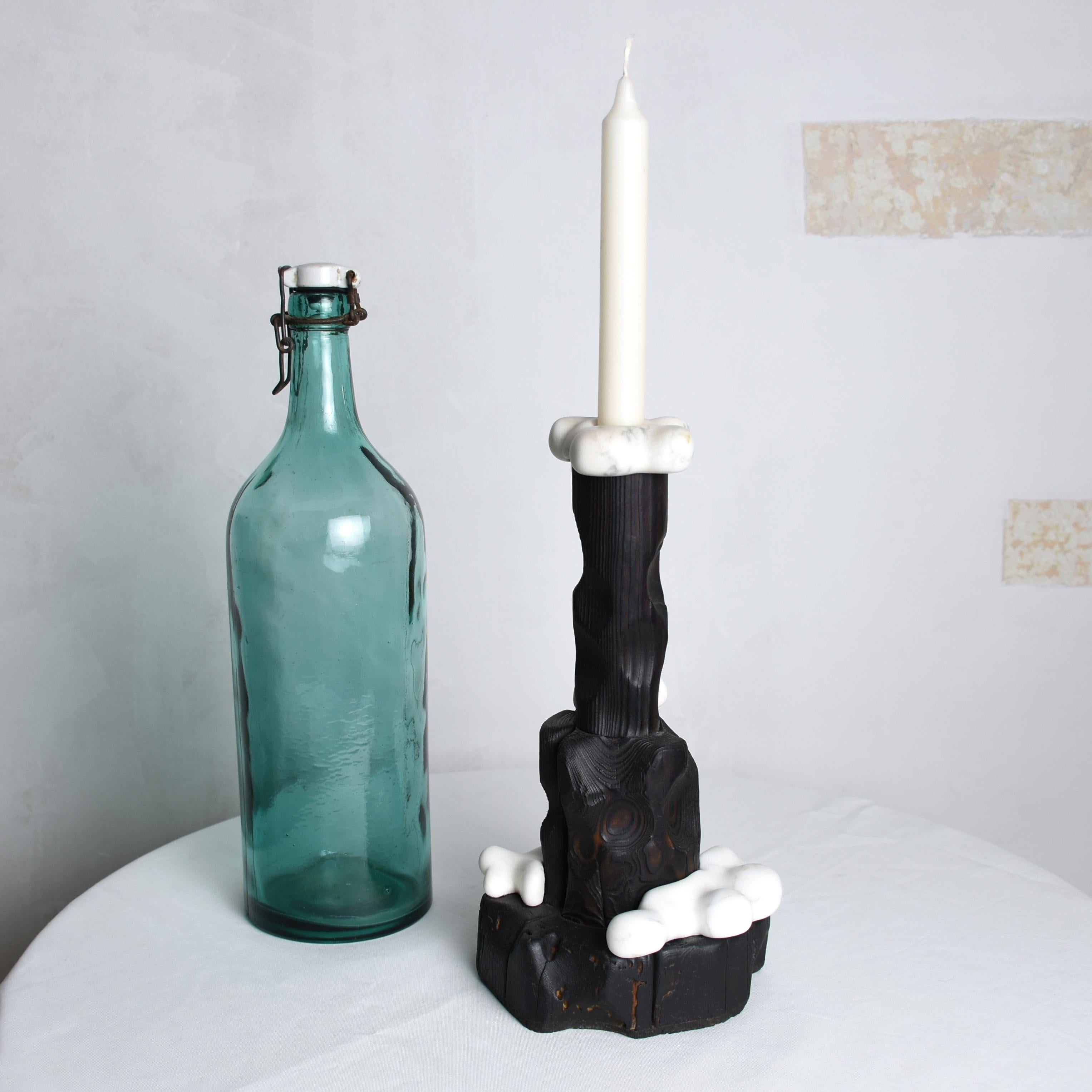 Cumulus, Sculptured Candle Holder from Reclaimed Burned Wood and White Marble For Sale 5