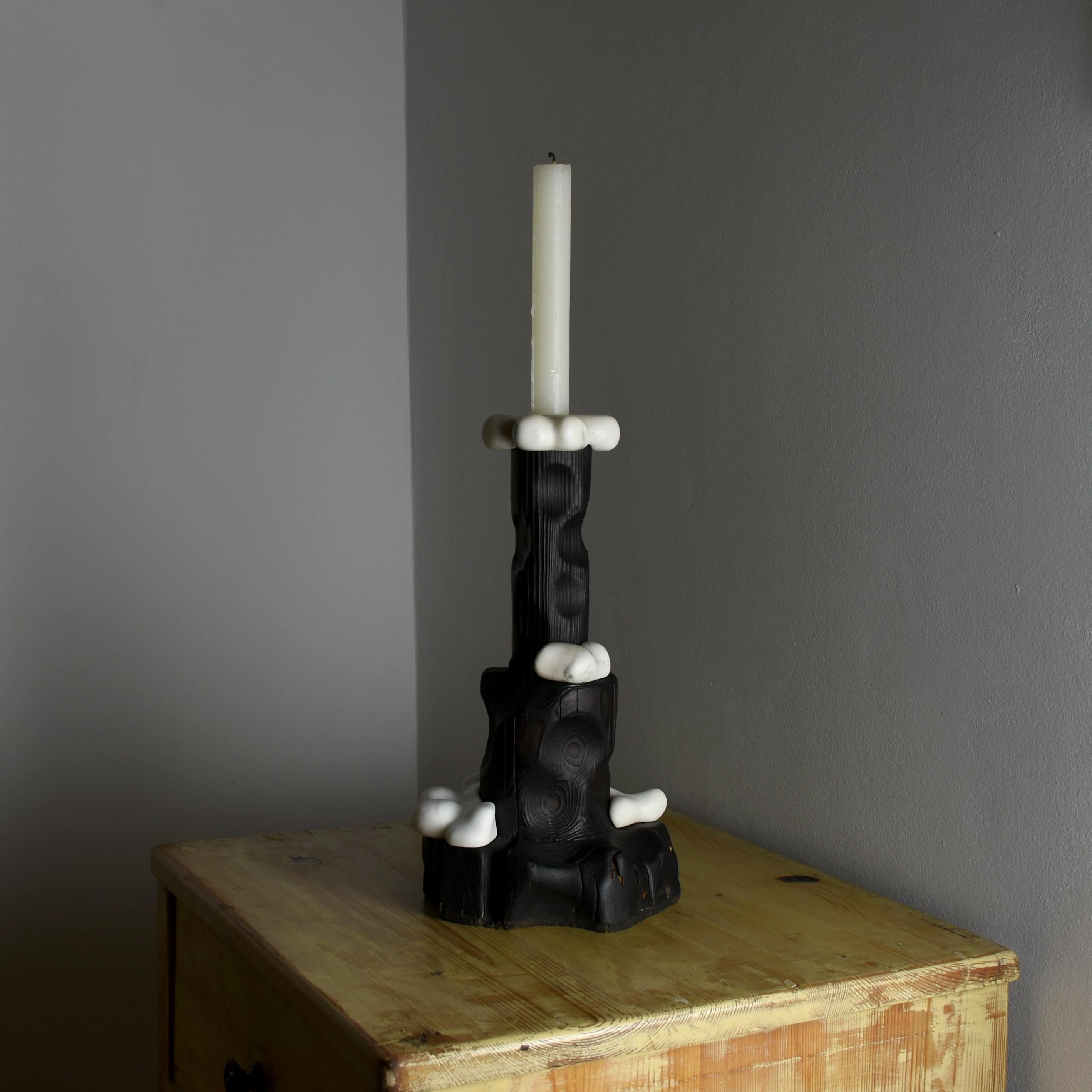 Cumulus, Sculptured Candle Holder from Reclaimed Burned Wood and White Marble For Sale 6
