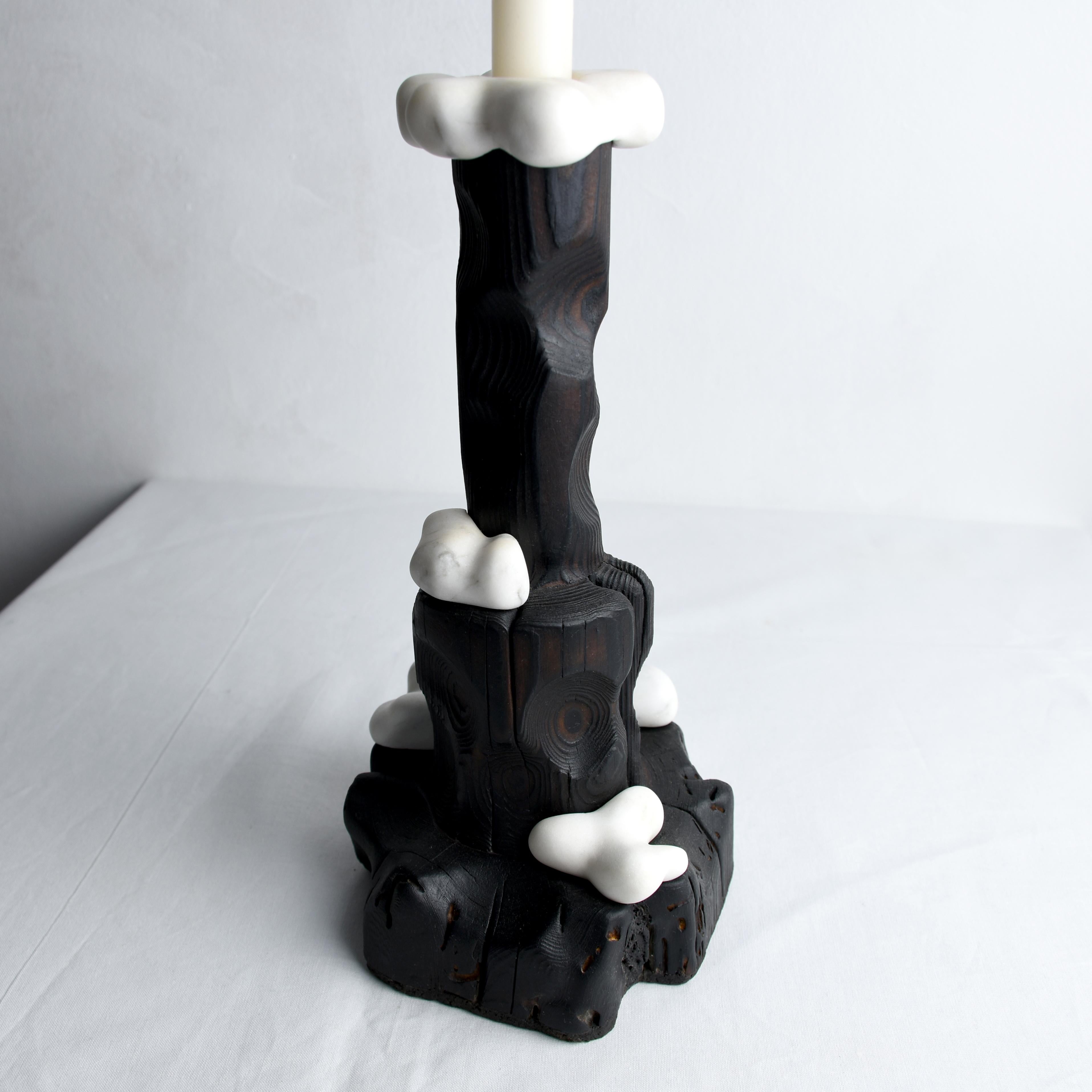 Organic Modern Cumulus, Sculptured Candle Holder from Reclaimed Burned Wood and White Marble For Sale
