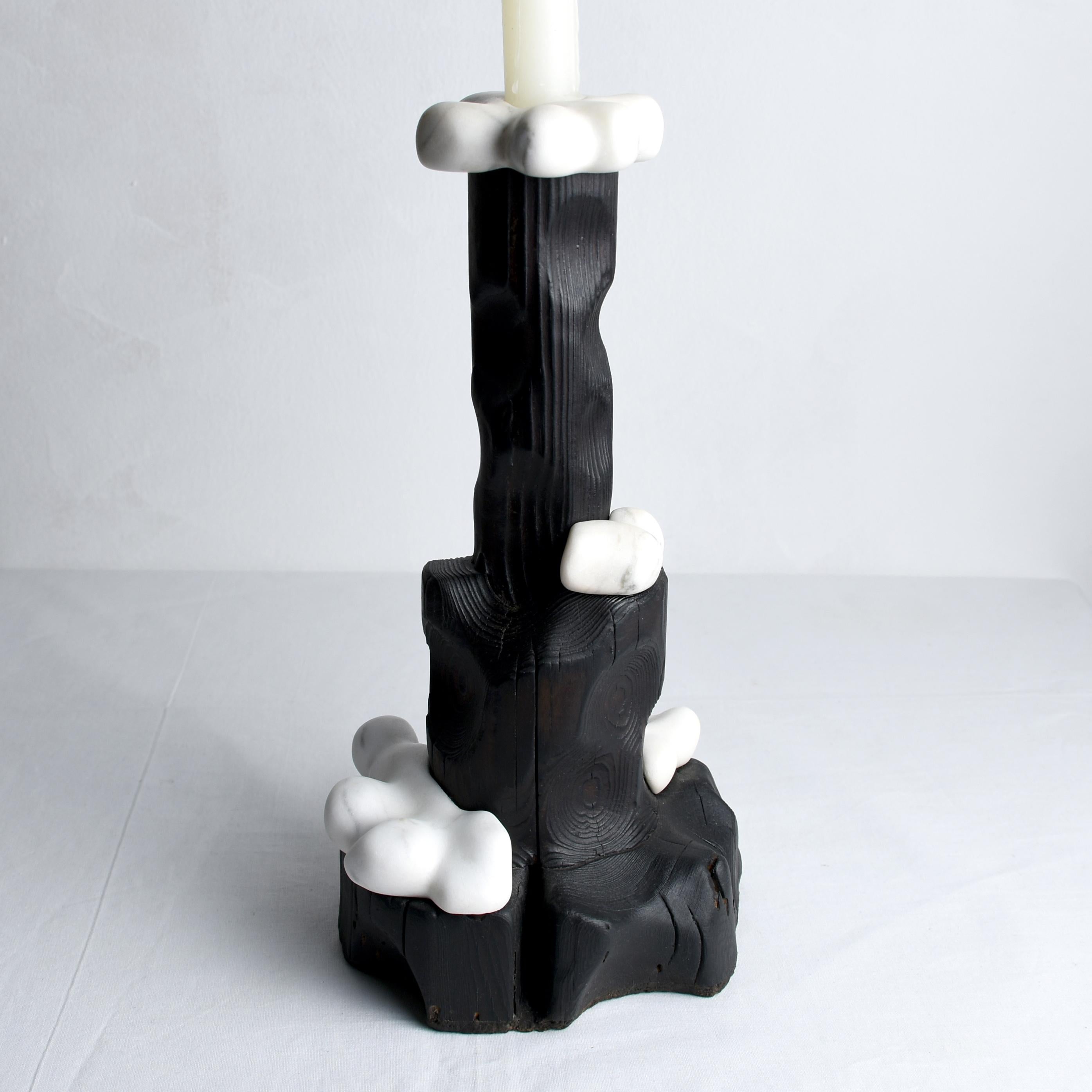 Hungarian Cumulus, Sculptured Candle Holder from Reclaimed Burned Wood and White Marble For Sale