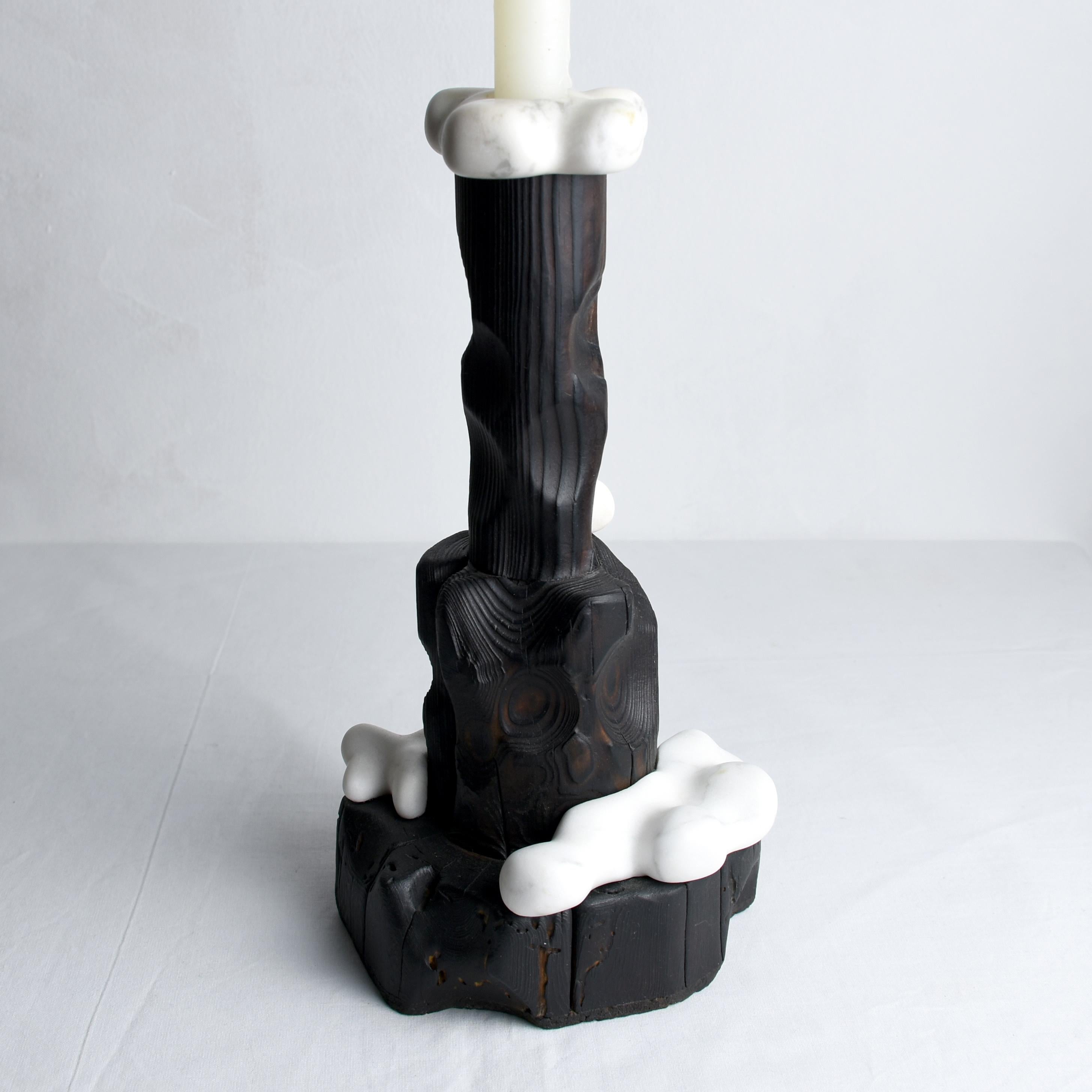 Woodwork Cumulus, Sculptured Candle Holder from Reclaimed Burned Wood and White Marble For Sale