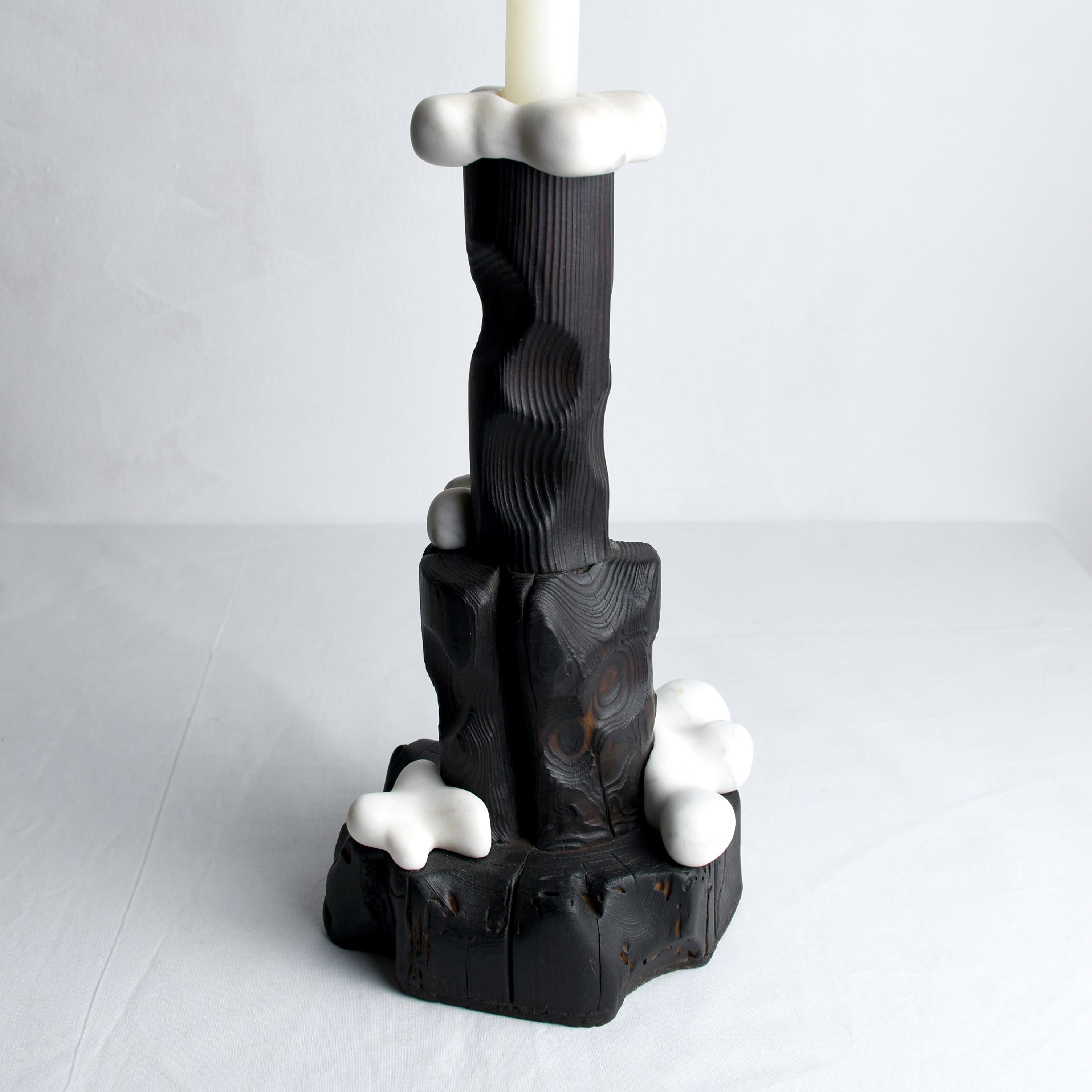Cumulus, Sculptured Candle Holder from Reclaimed Burned Wood and White Marble In New Condition For Sale In Budapest, HU