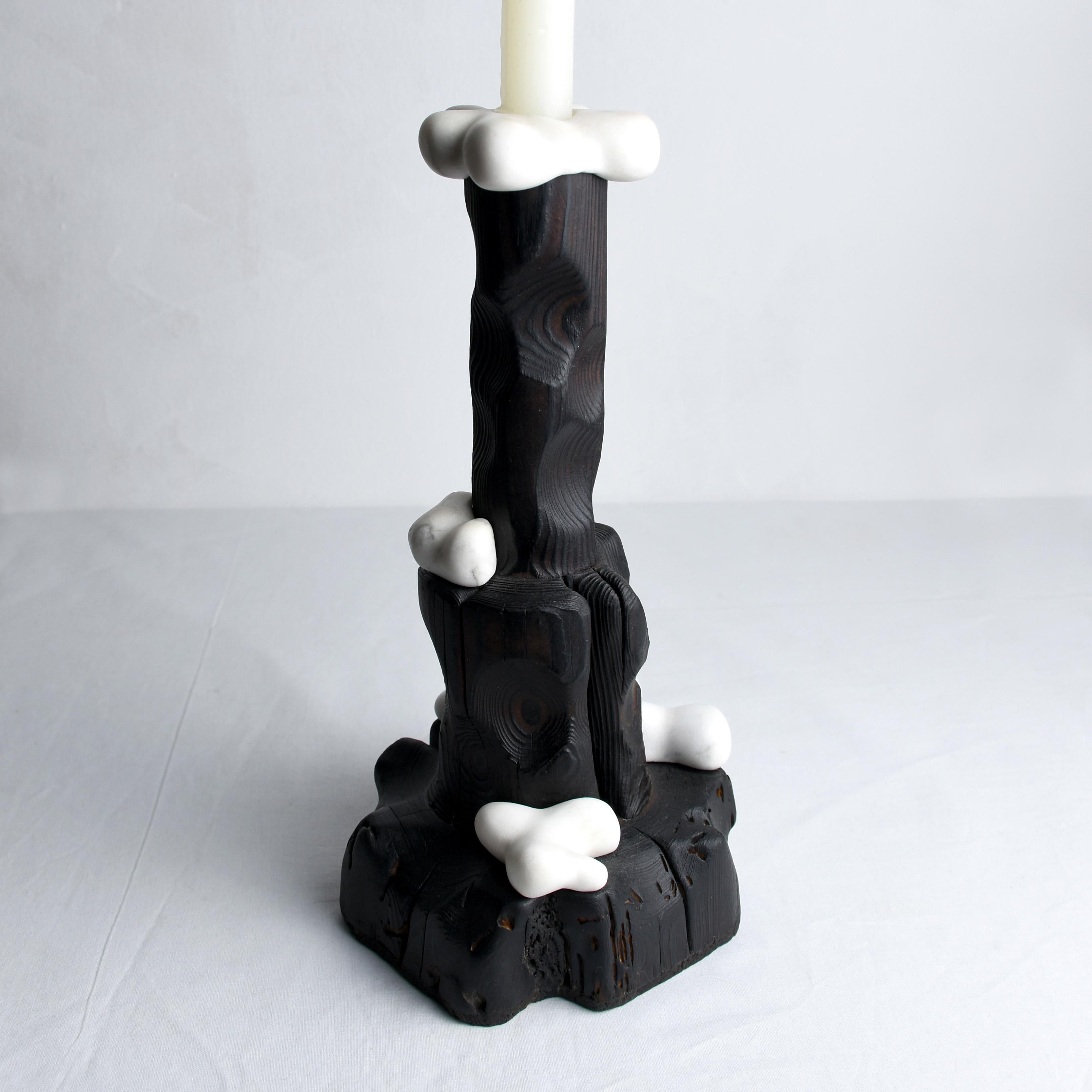 Contemporary Cumulus, Sculptured Candle Holder from Reclaimed Burned Wood and White Marble For Sale