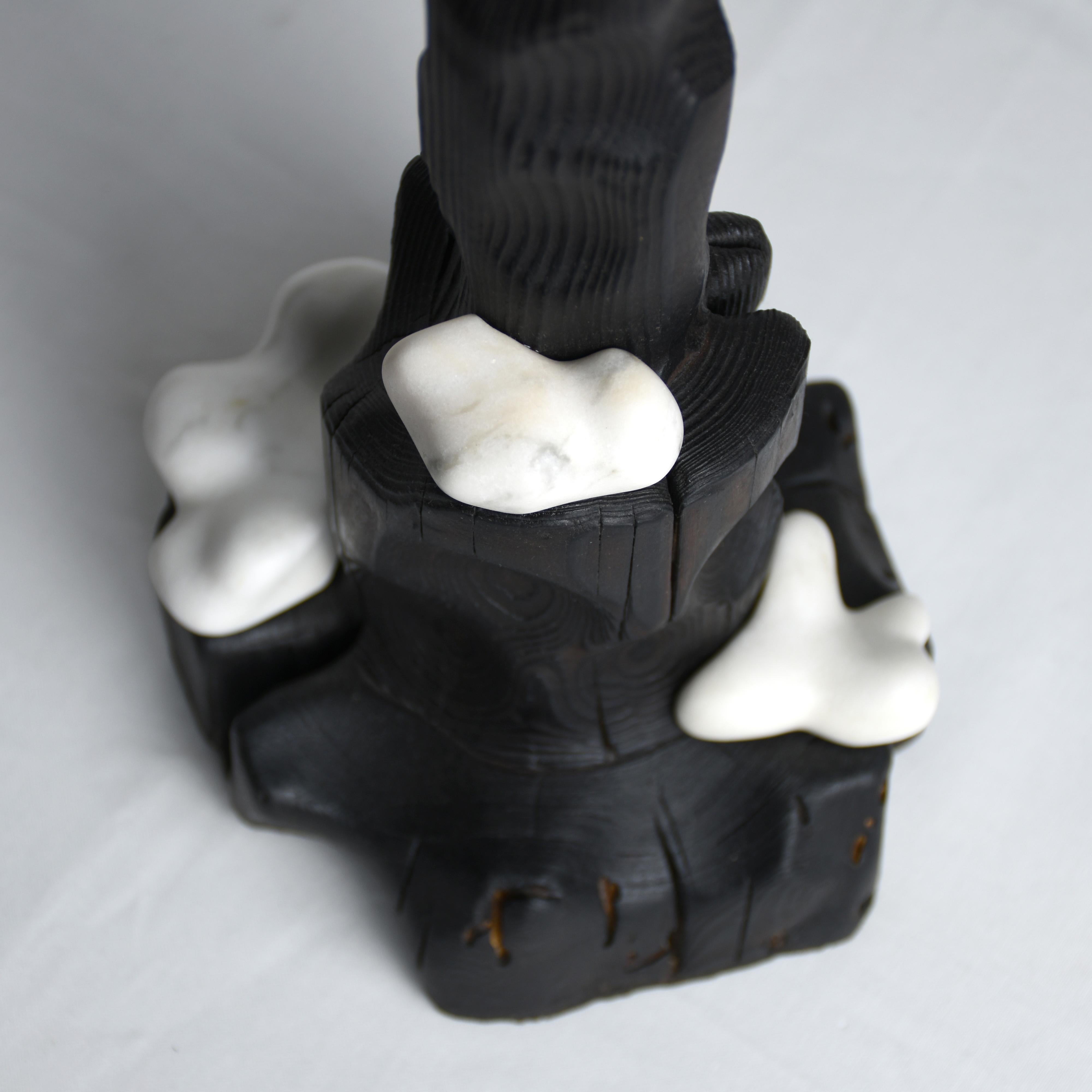 Cumulus, Sculptured Candle Holder from Reclaimed Burned Wood and White Marble For Sale 1