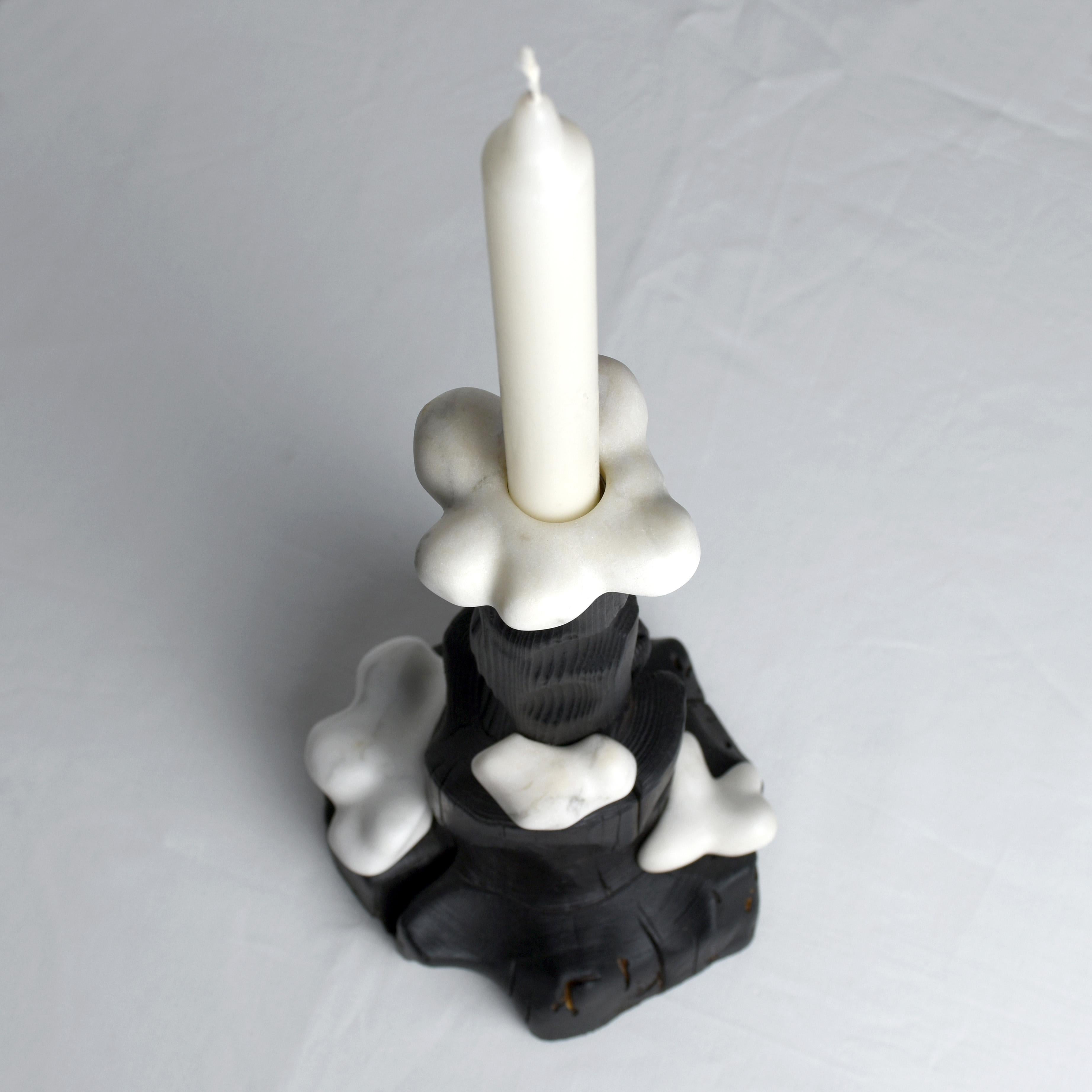 Cumulus, Sculptured Candle Holder from Reclaimed Burned Wood and White Marble For Sale 2