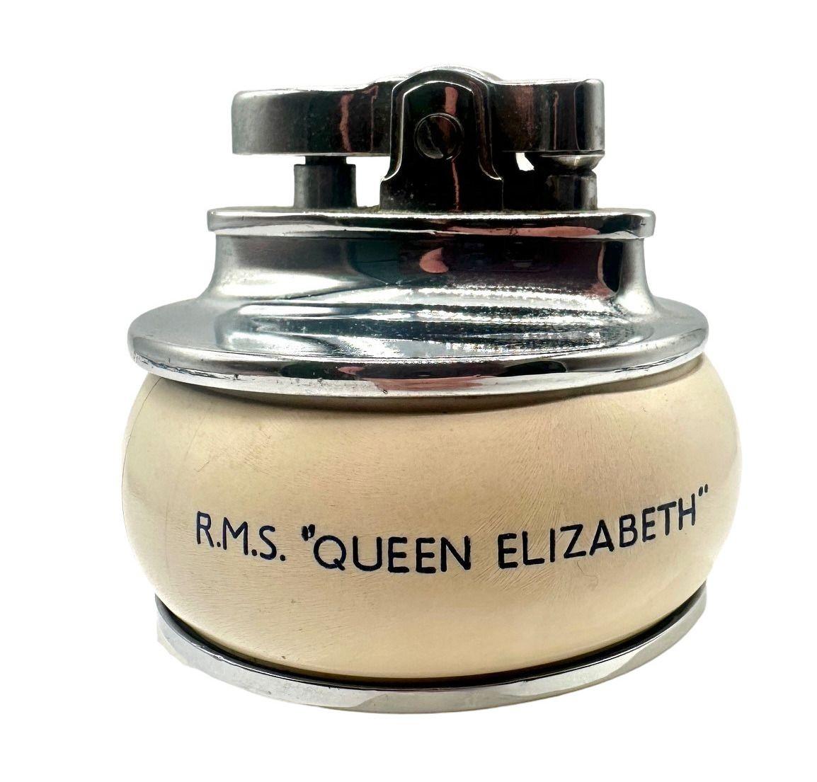 This charming lighter from the Cunard Line's RMS Queen Elizabeth. Produced by Rolstar in England, this lighter features a chrome body with an ivory-colored enamel center featuring the text RMS 