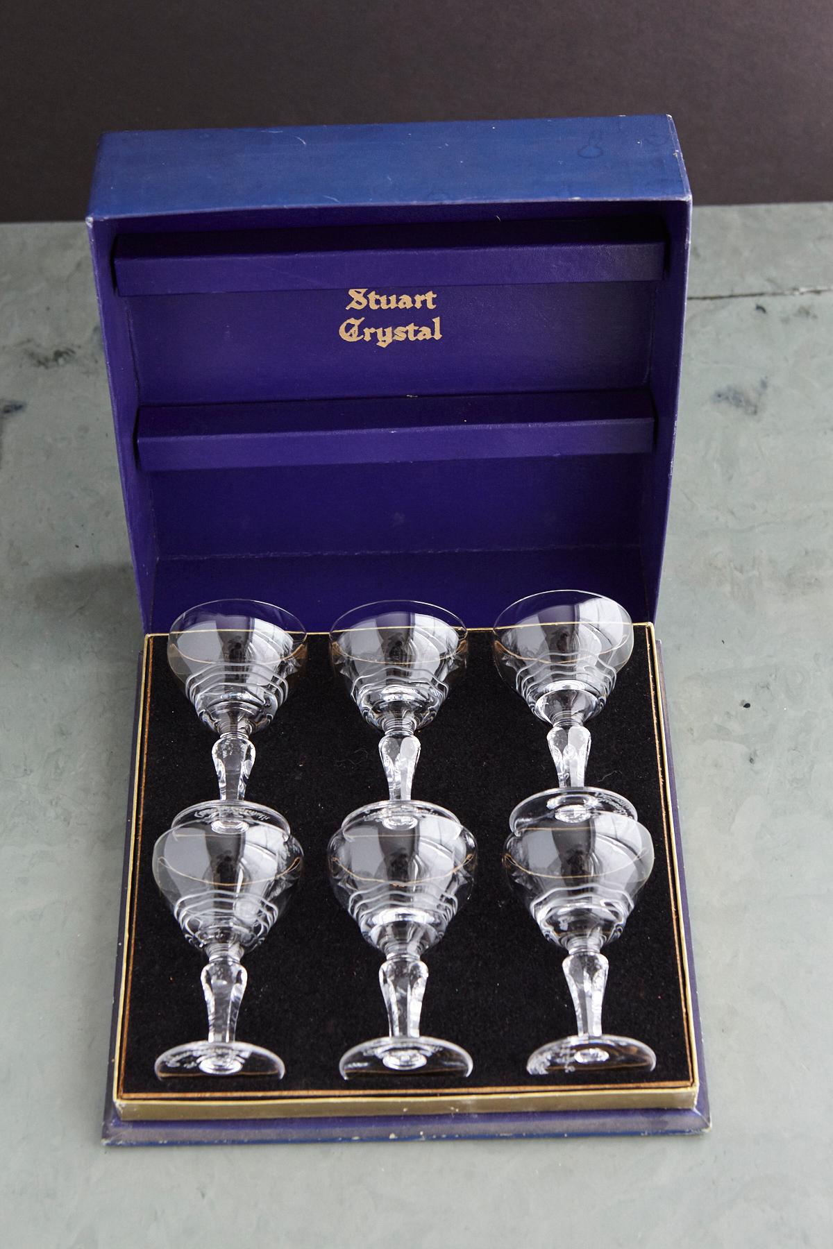 English Cunard Line RMS Queen Elizabeth, Stuart Crystal Set of 6 Glasses in Box, 1940s